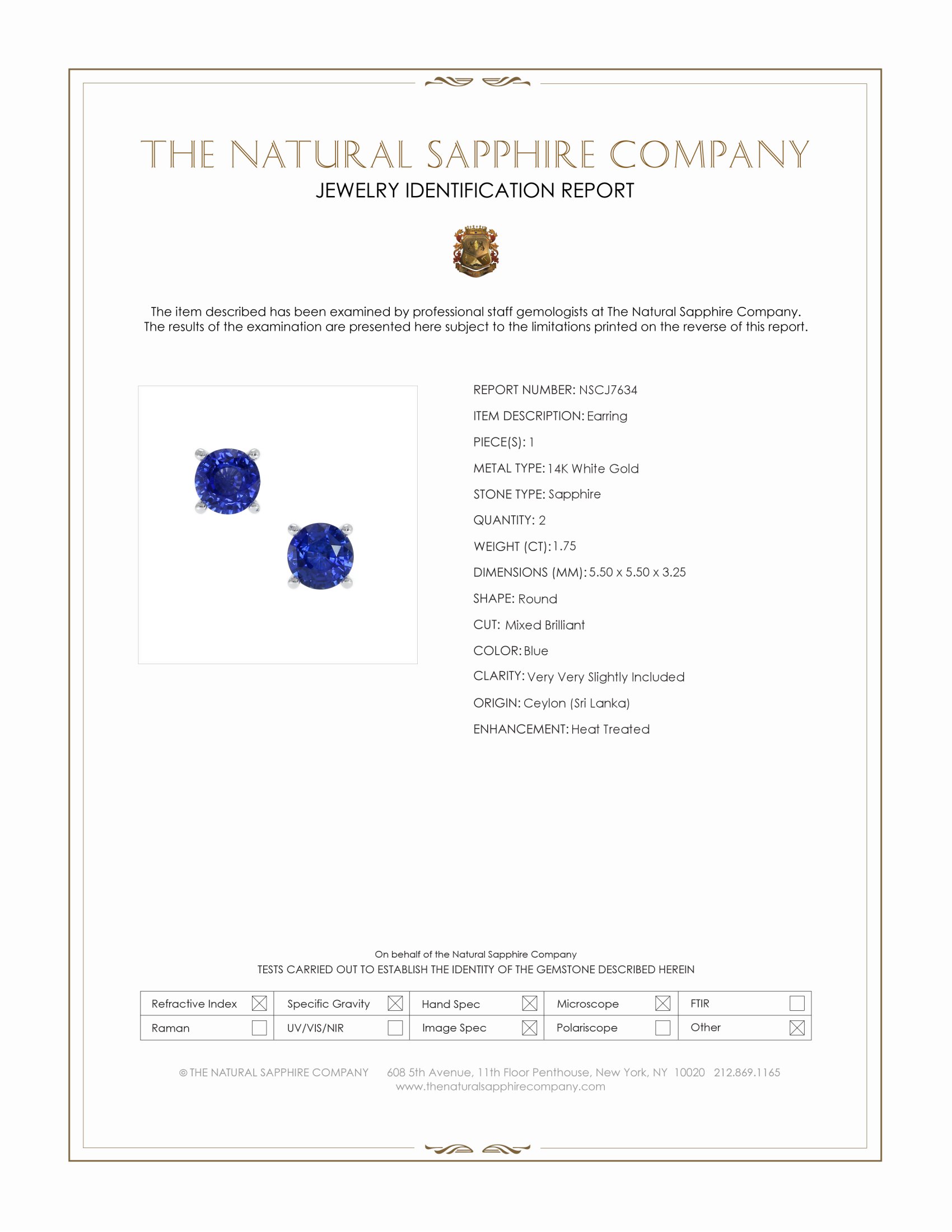 1.75 Ct.Tw. Blue Sapphire Studs Earrings, 14K White Gold