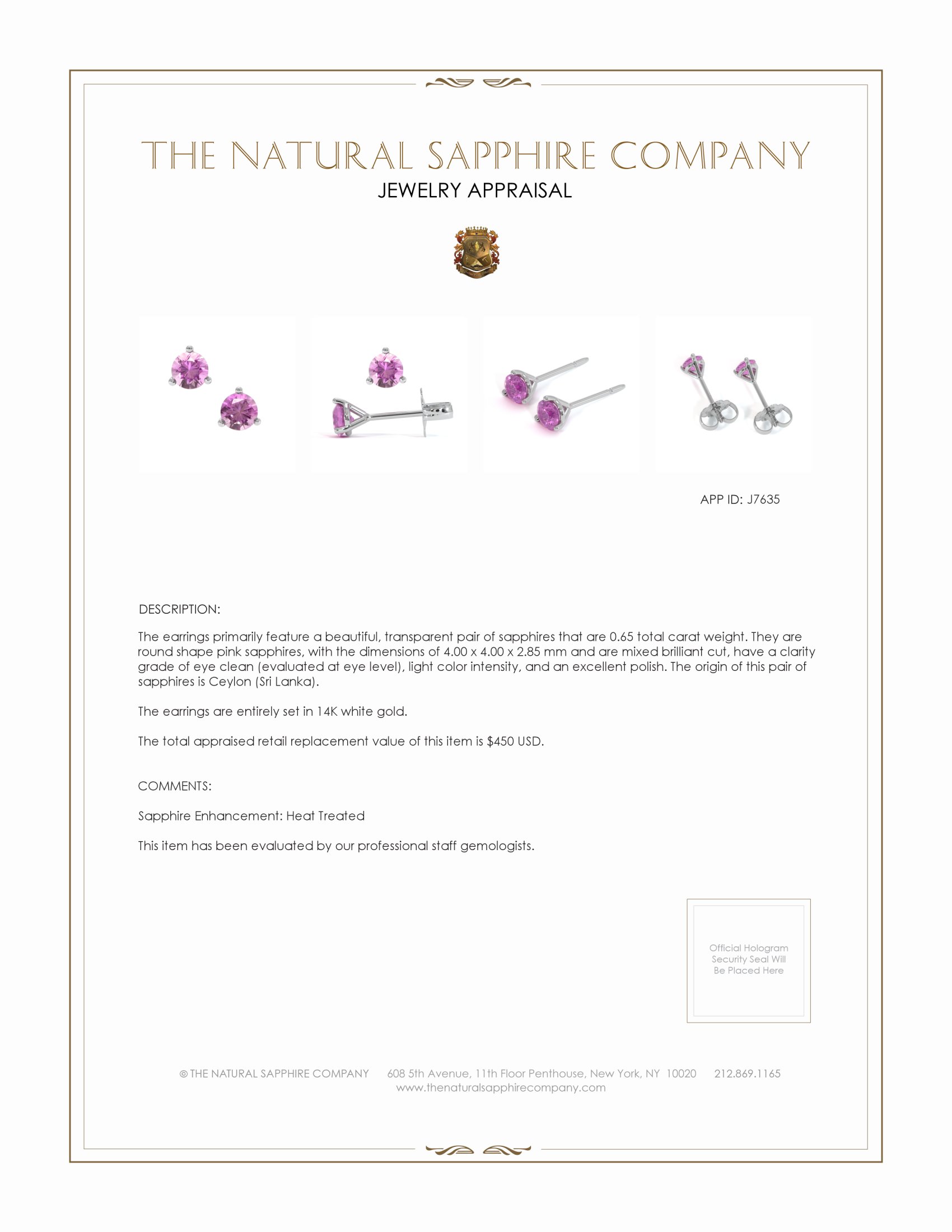 0.65 Ct.Tw. Pink Sapphire Studs Earrings, 14K White Gold