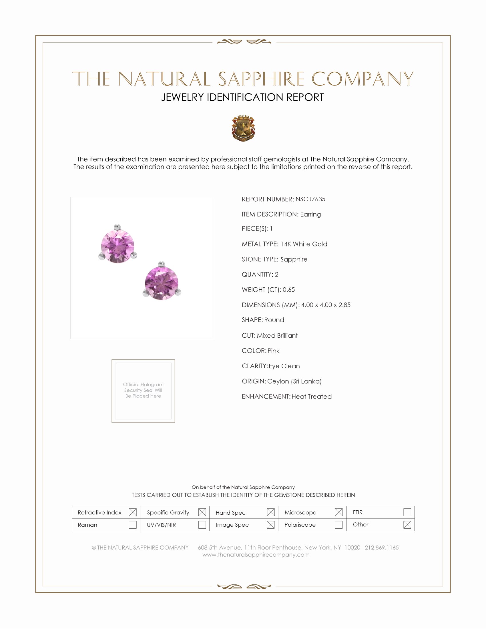 0.65 Ct.Tw. Pink Sapphire Studs Earrings, 14K White Gold