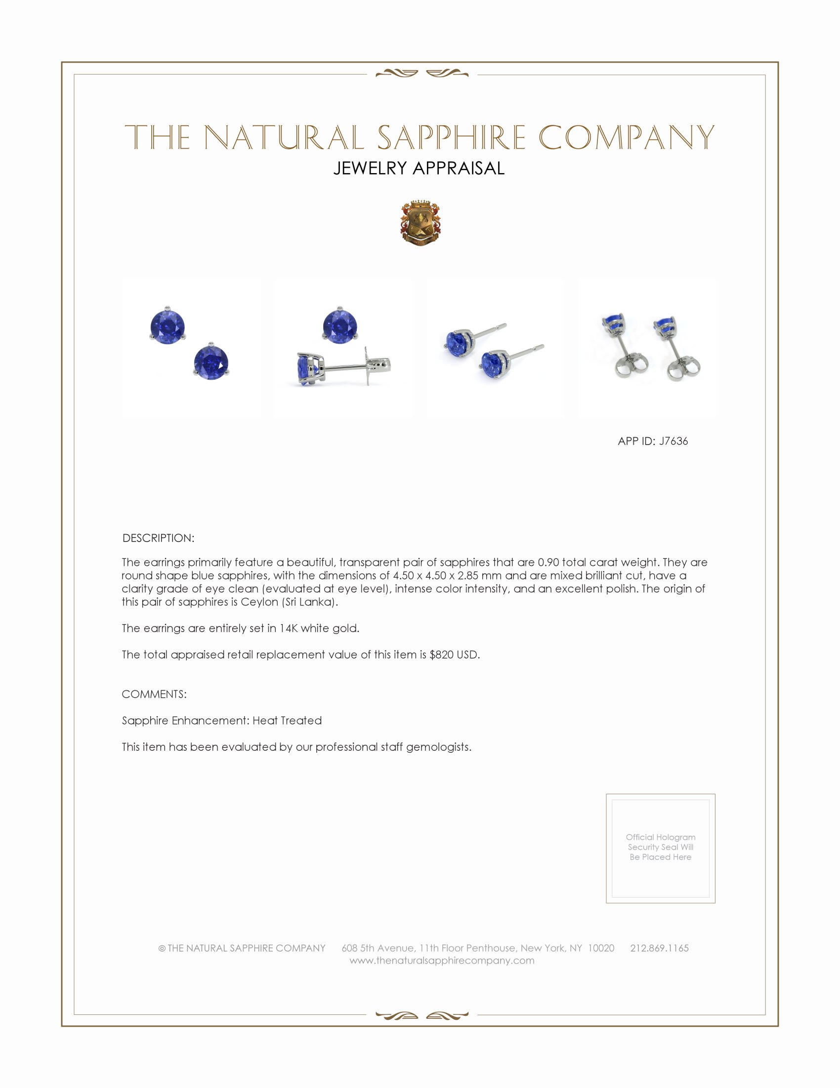 0.90 Ct.Tw. Blue Sapphire Studs Earrings, 14K White Gold