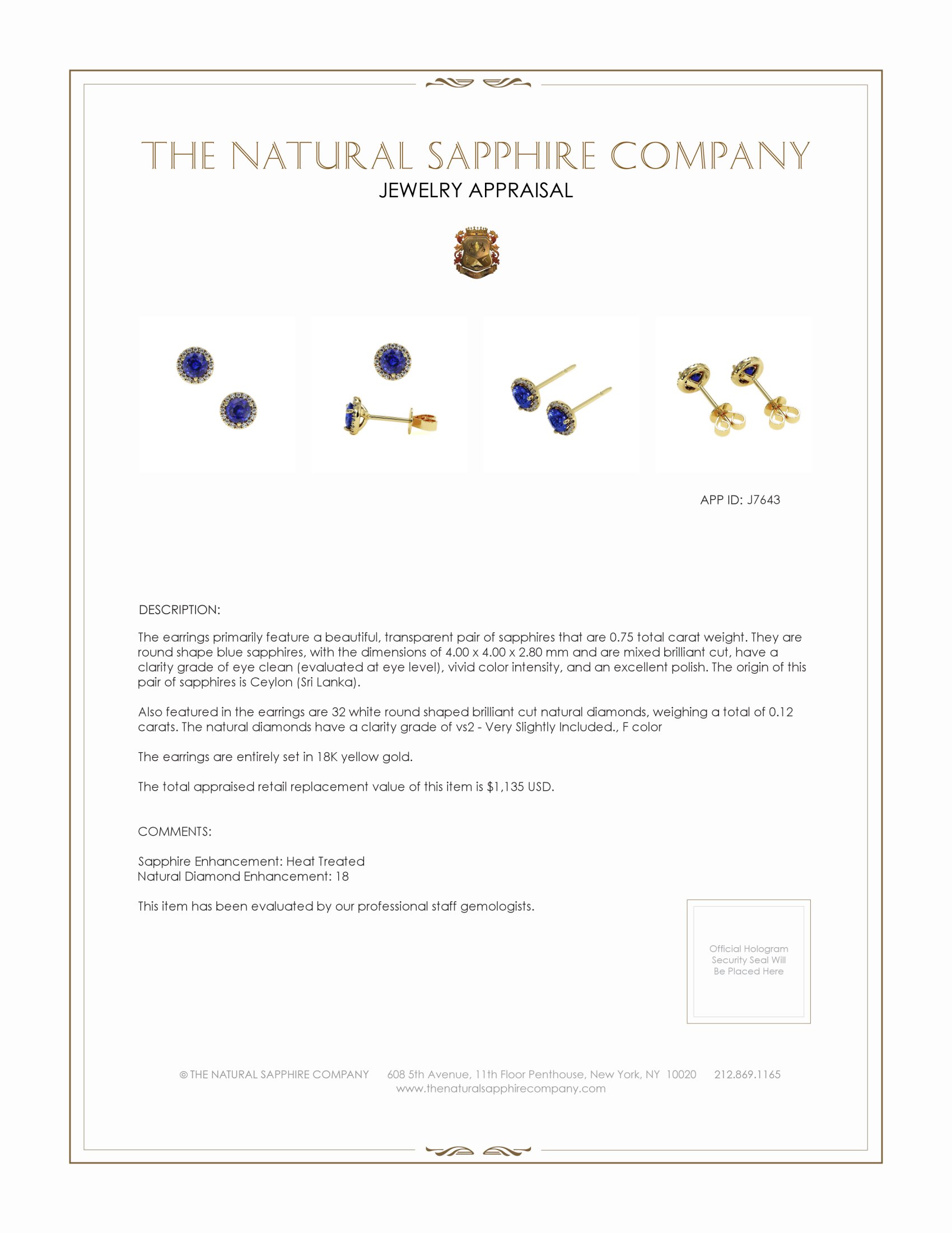 0.71 Ct.Tw. Blue Sapphire and Natural Diamond Studs Earrings, 18K Yellow Gold
