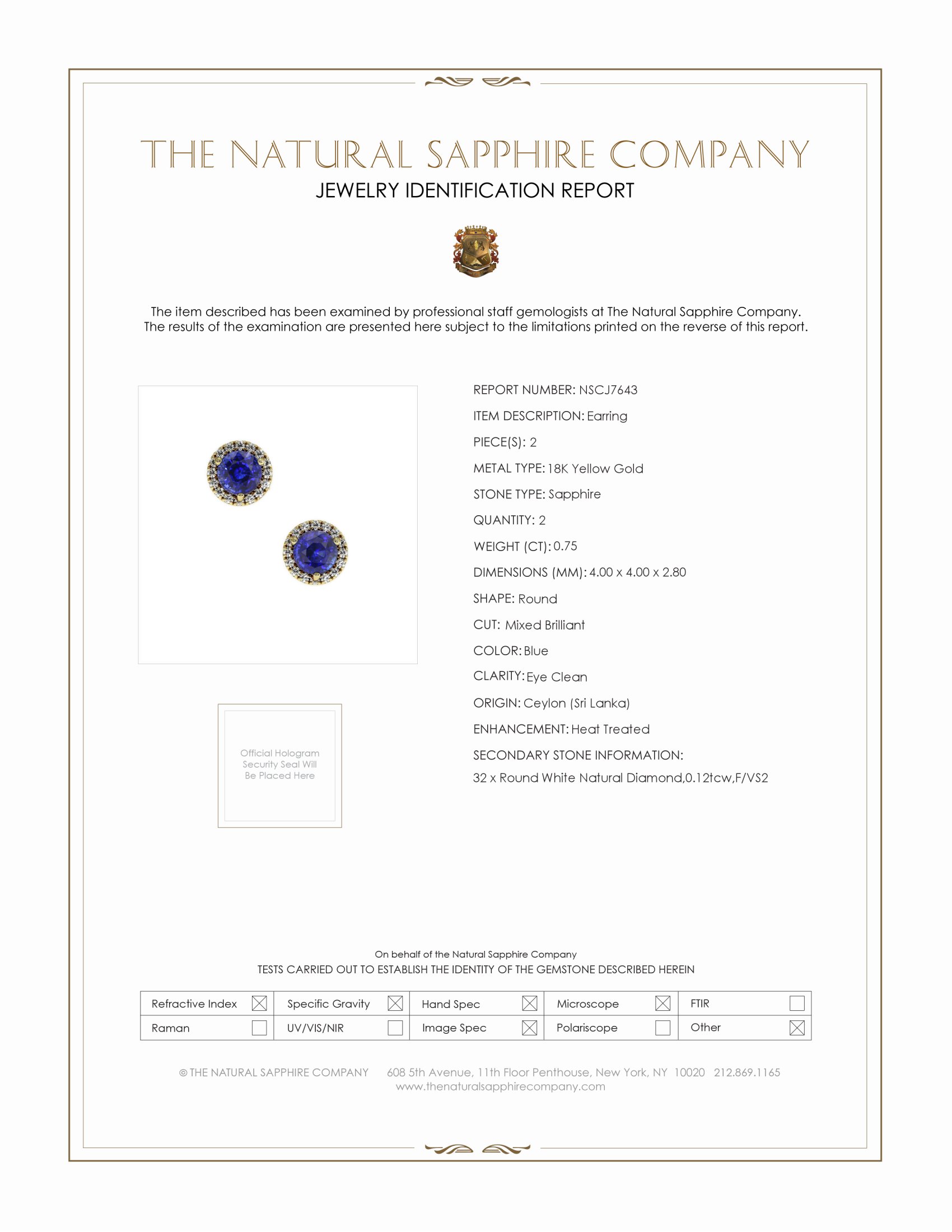 0.71 Ct.Tw. Blue Sapphire and Natural Diamond Studs Earrings, 18K Yellow Gold