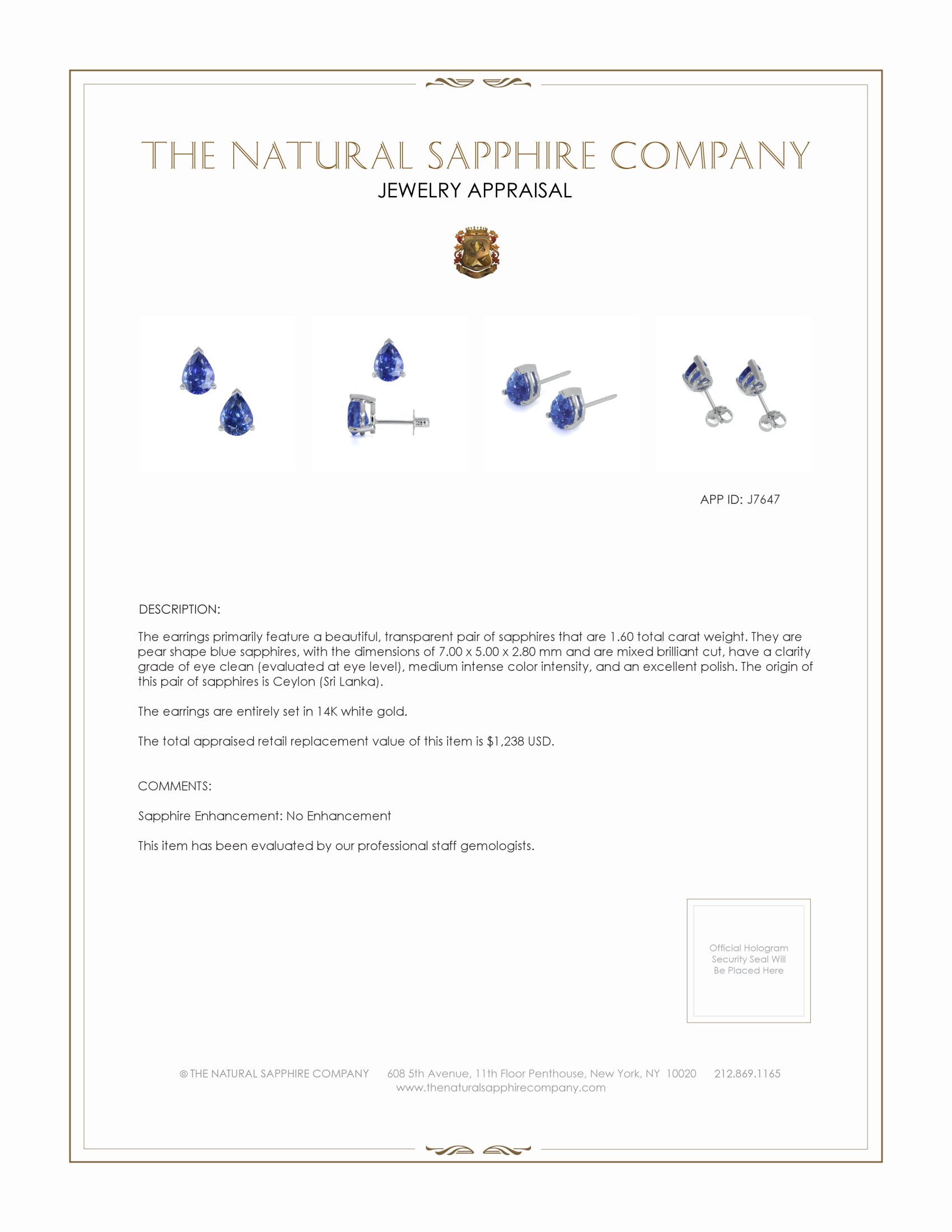 1.60 Ct.Tw. Blue Sapphire Studs Earrings, 14K White Gold