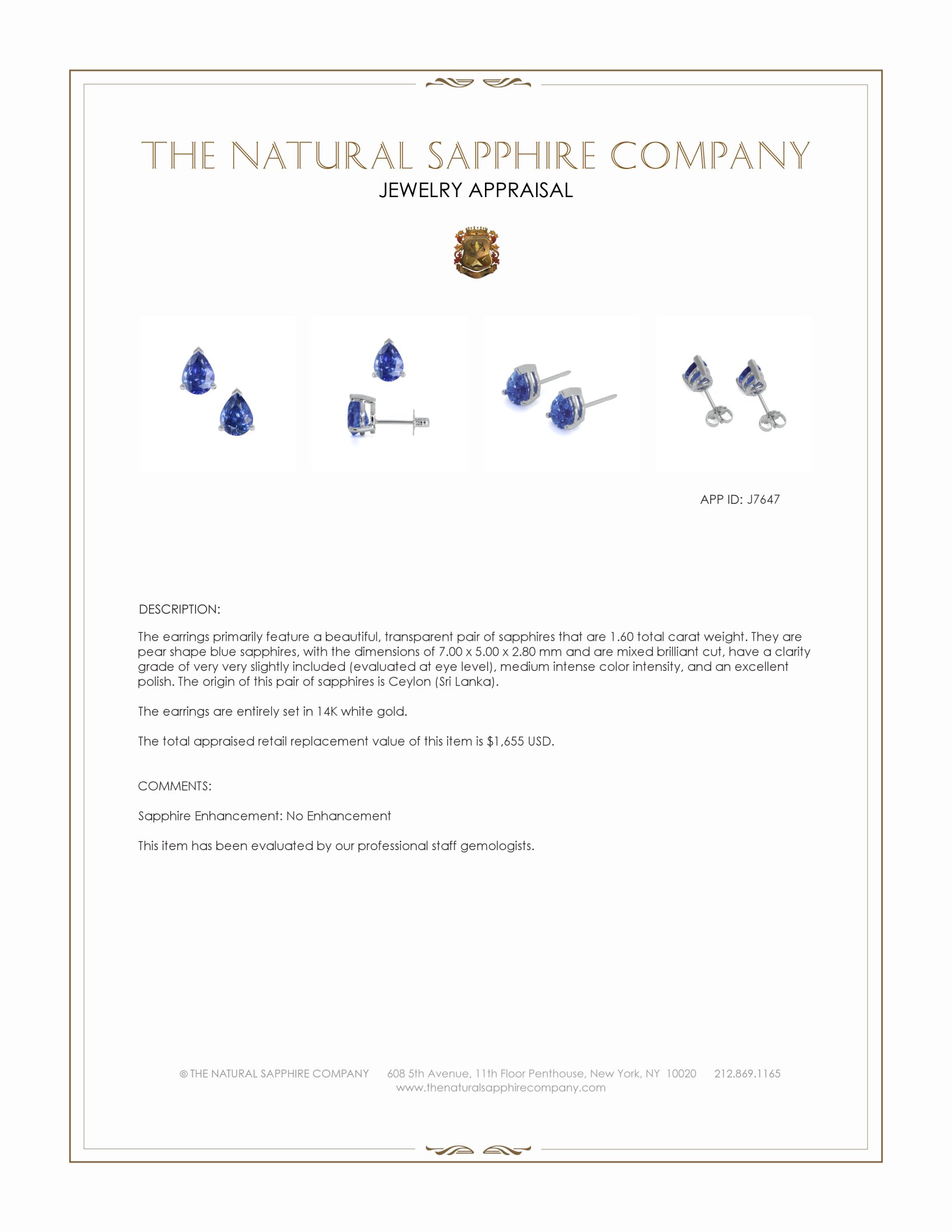 1.60 Ct.Tw. Blue Sapphire Studs Earrings, 14K White Gold