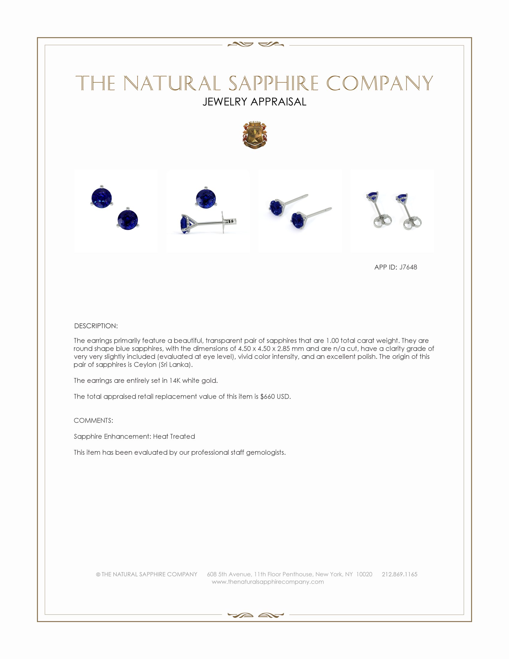 1.00 Ct.Tw. Blue Sapphire Studs Earrings, 14K White Gold