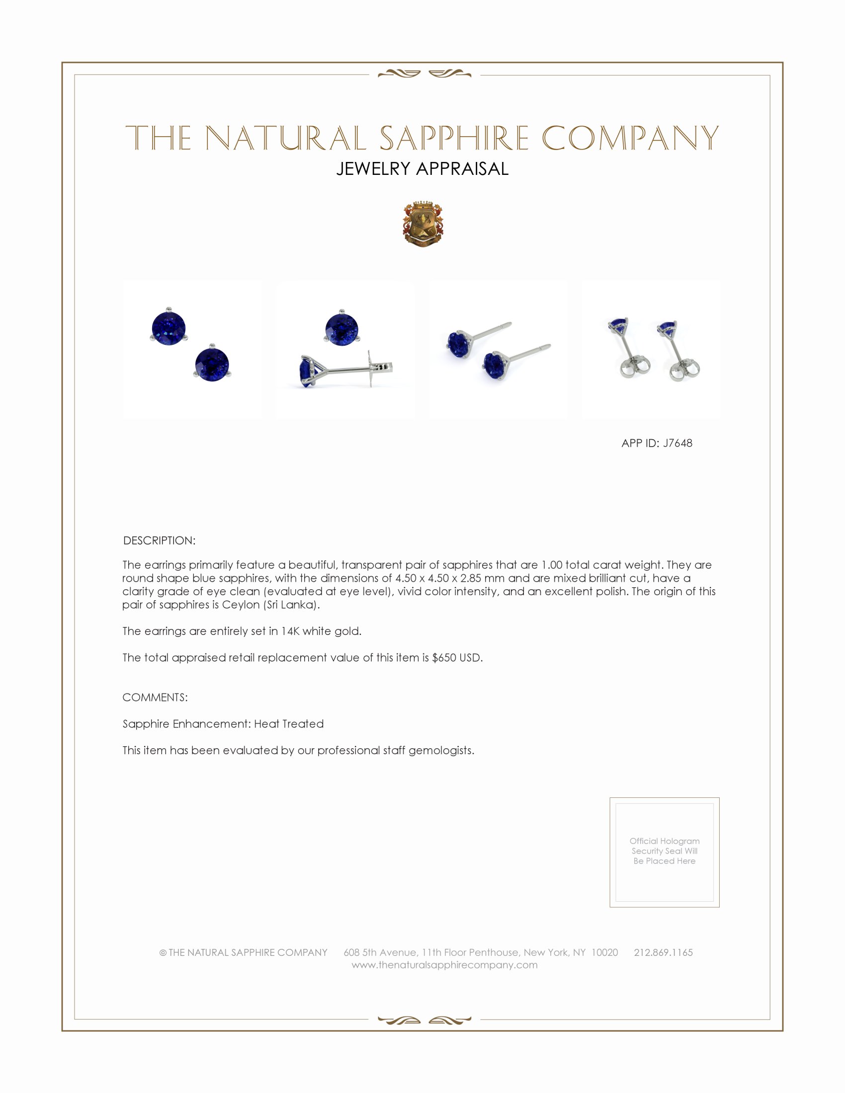 1.00 Ct.Tw. Blue Sapphire Studs Earrings, 14K White Gold