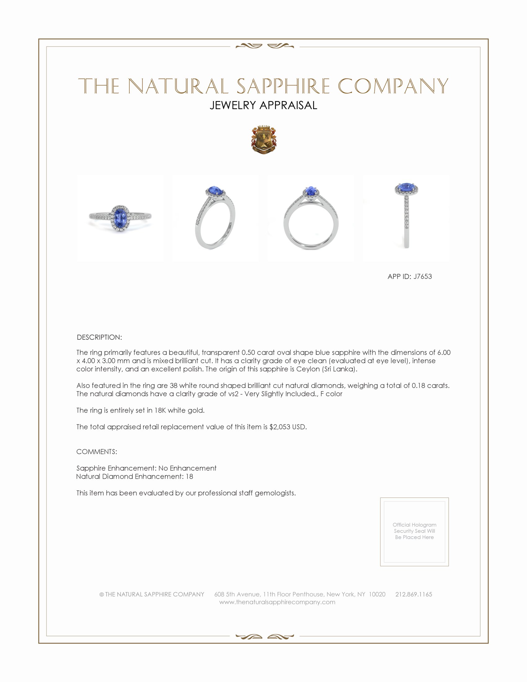 0.50 Ct. Blue Sapphire and Natural Diamond Pave Ring, 18K White Gold