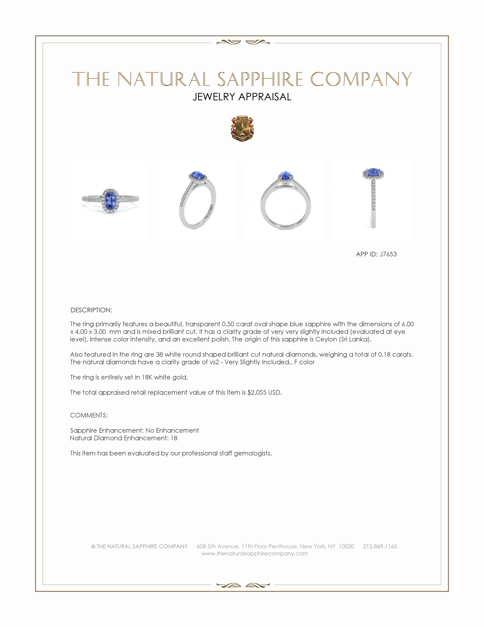 0.50 Ct. Blue Sapphire and Natural Diamond Pave Ring, 18K White Gold