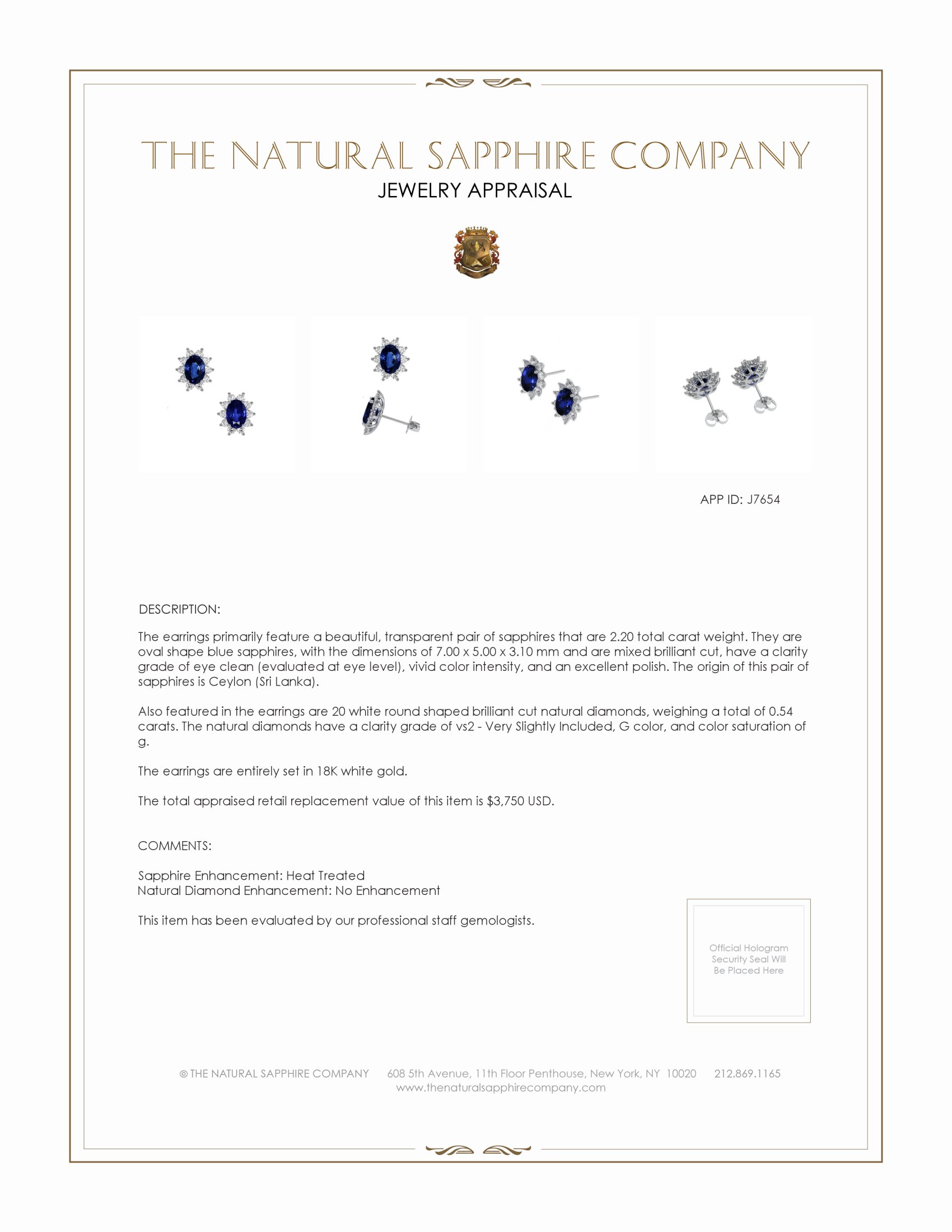 2.20 Ct.Tw. Blue Sapphire and Natural Diamond Studs Earrings, 18K White Gold