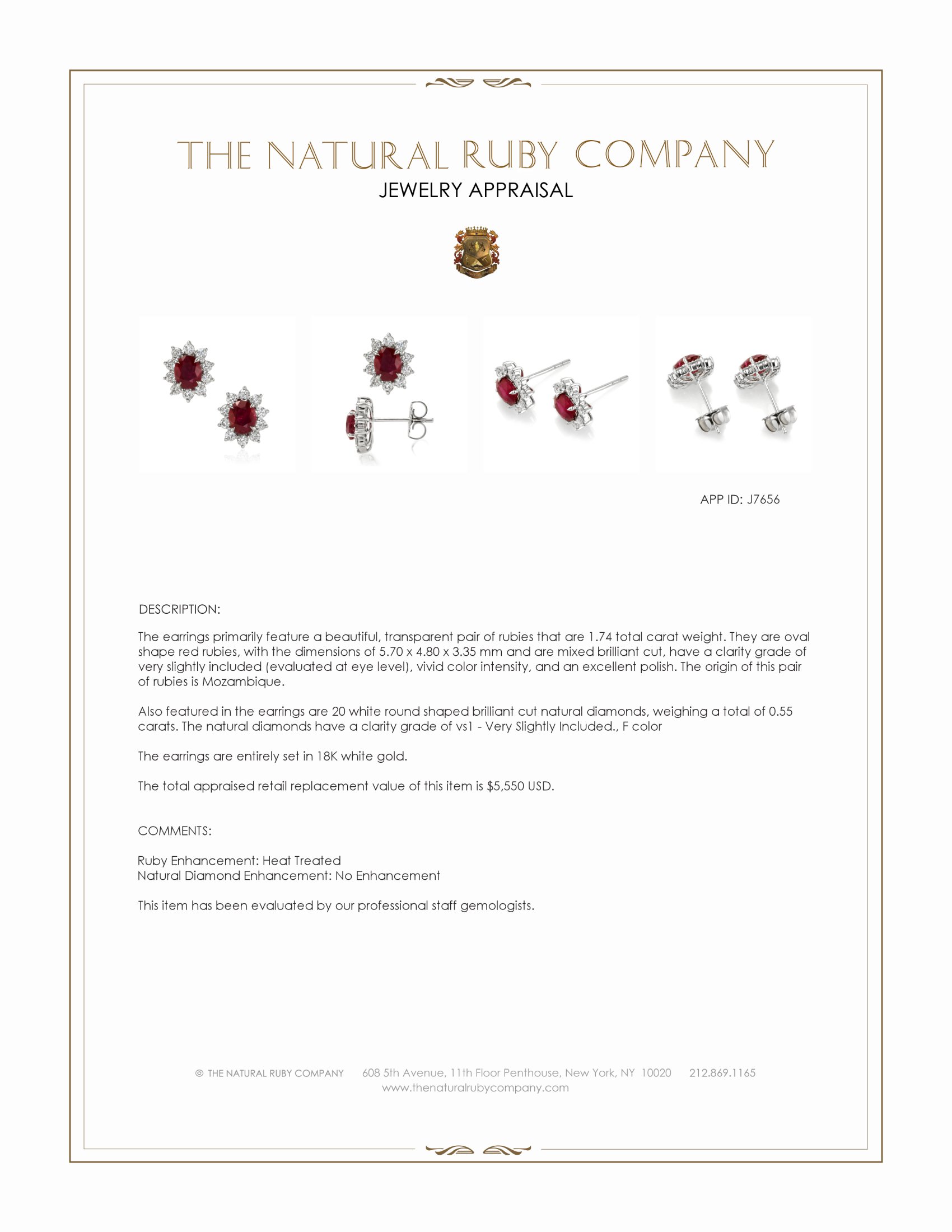 1.74 Ct.Tw. Ruby and Natural Diamond Studs Earrings, 18K White Gold