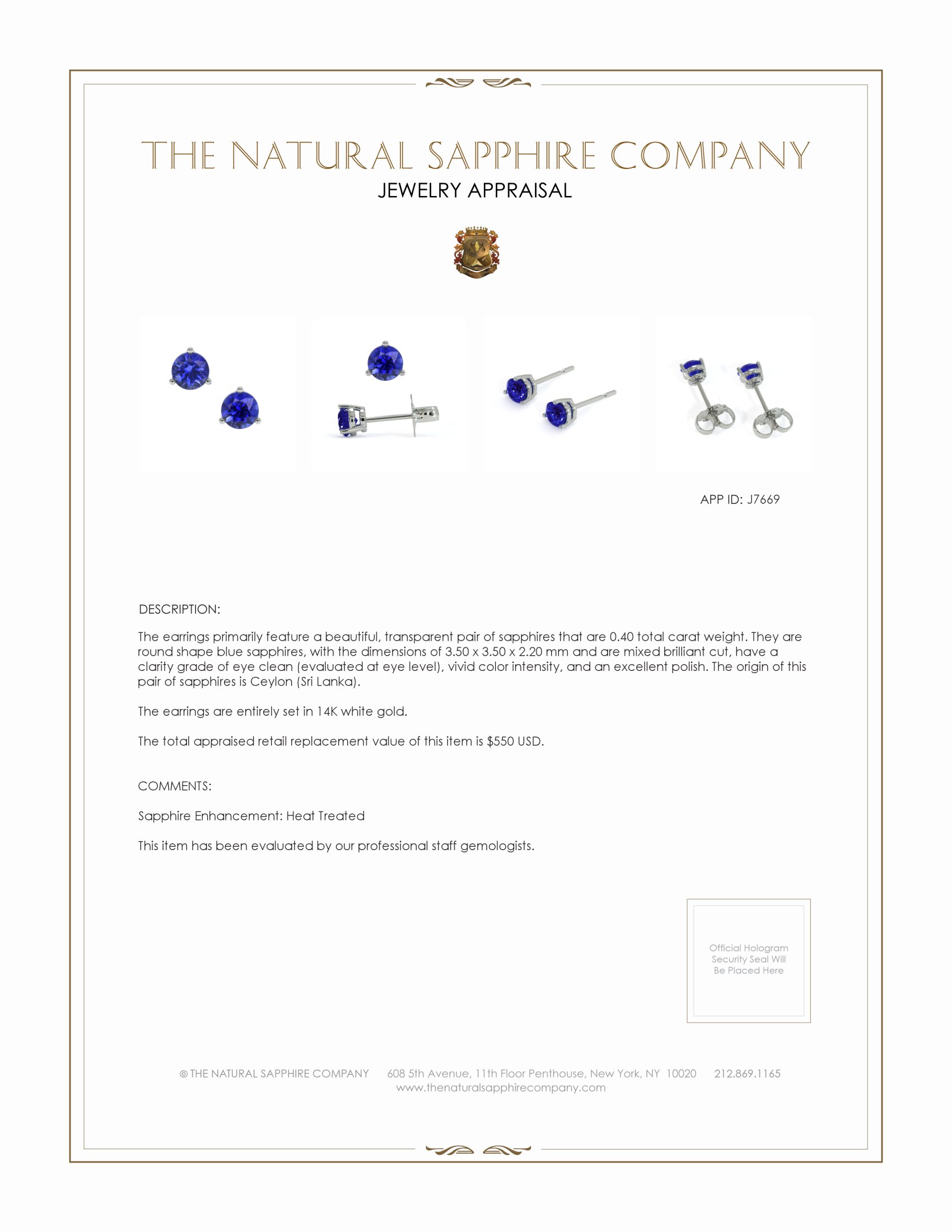 0.40 Ct.Tw. Blue Sapphire Studs Earrings, 14K White Gold