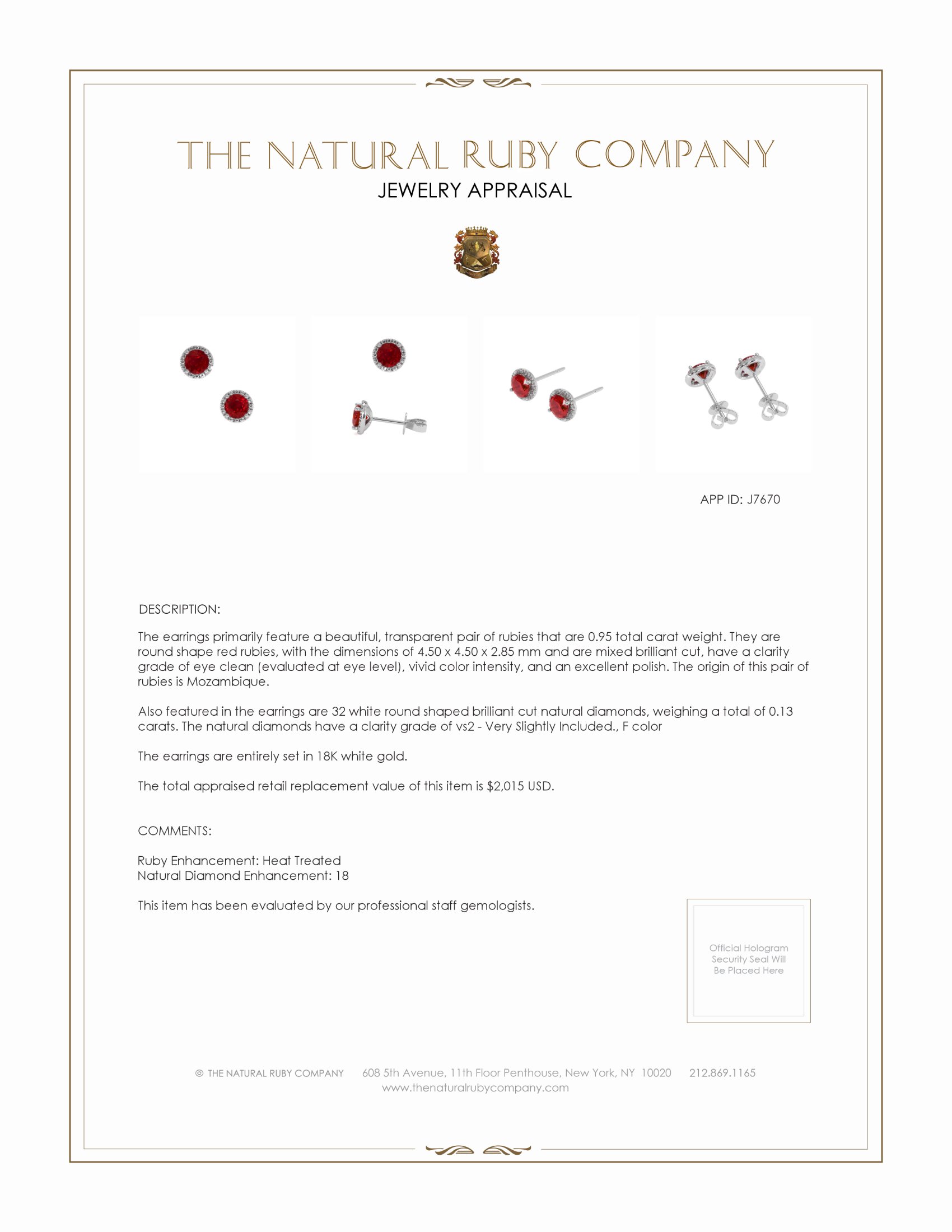 0.95 Ct.Tw. Ruby and Natural Diamond Studs Earrings, 18K White Gold