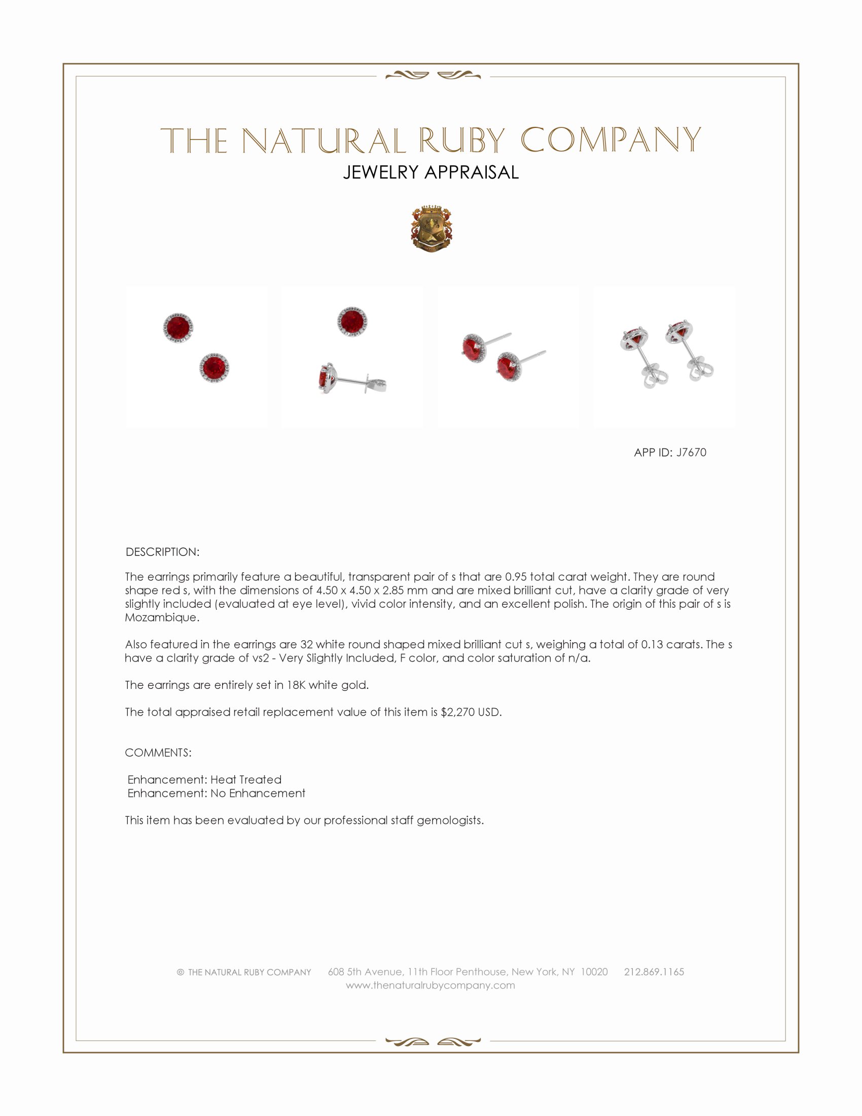 0.95 Ct.Tw. Ruby and Natural Diamond Studs Earrings, 18K White Gold