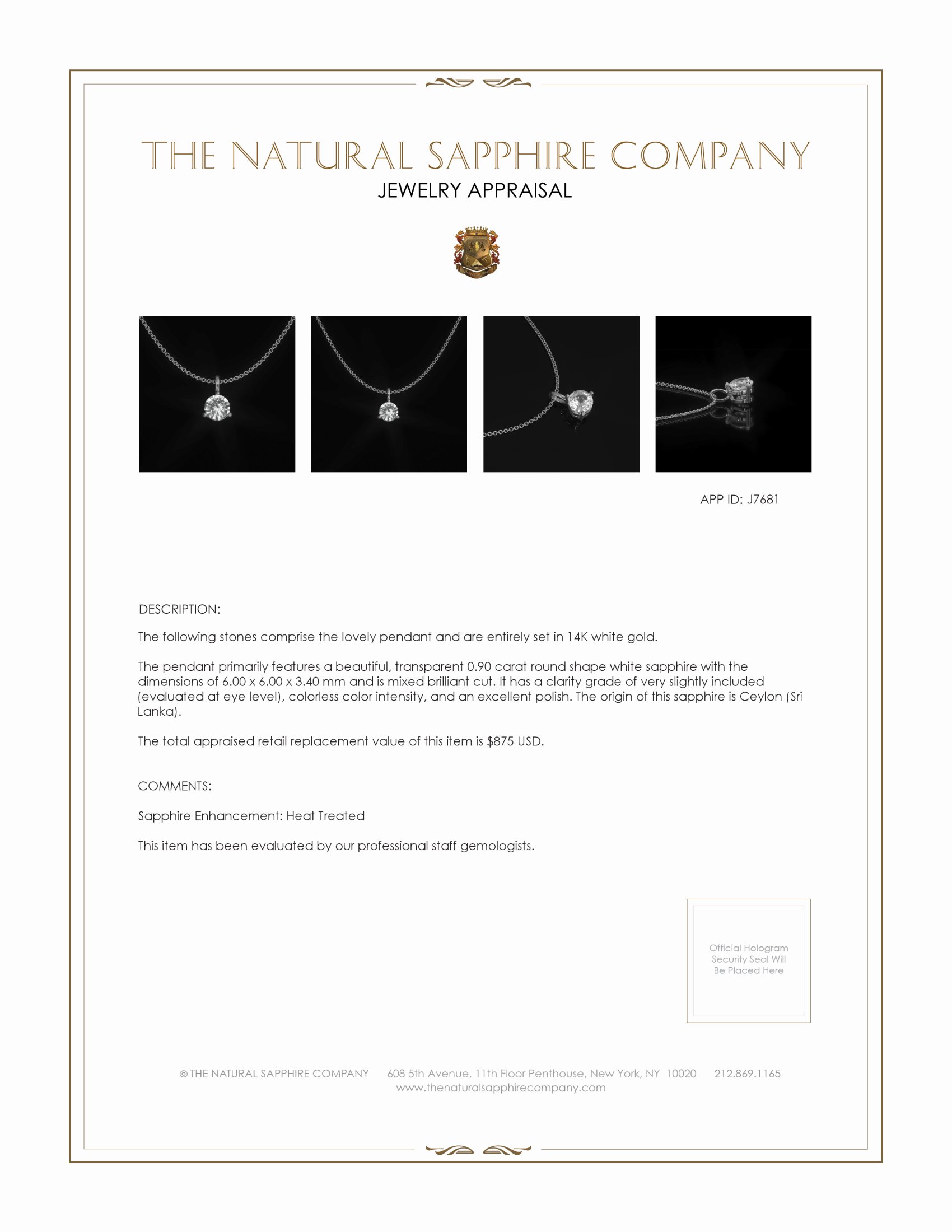 0.90 Ct. White Sapphire Solitaire Pendant, 14K White Gold