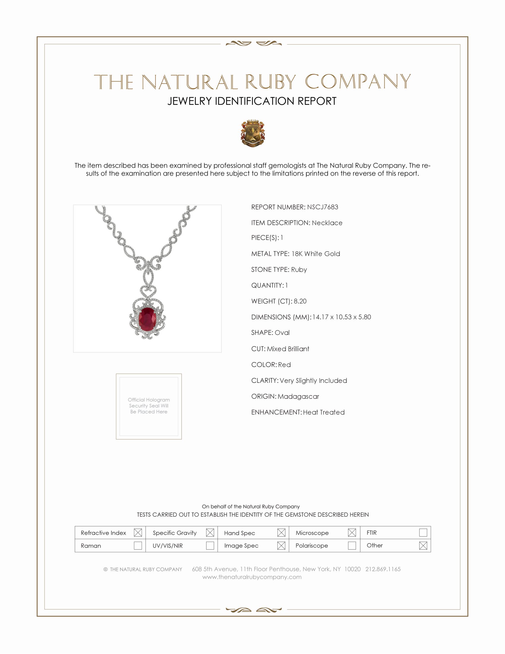 8.20 Ct. Ruby and Natural Diamond Antique Style Necklace, 18K White Gold