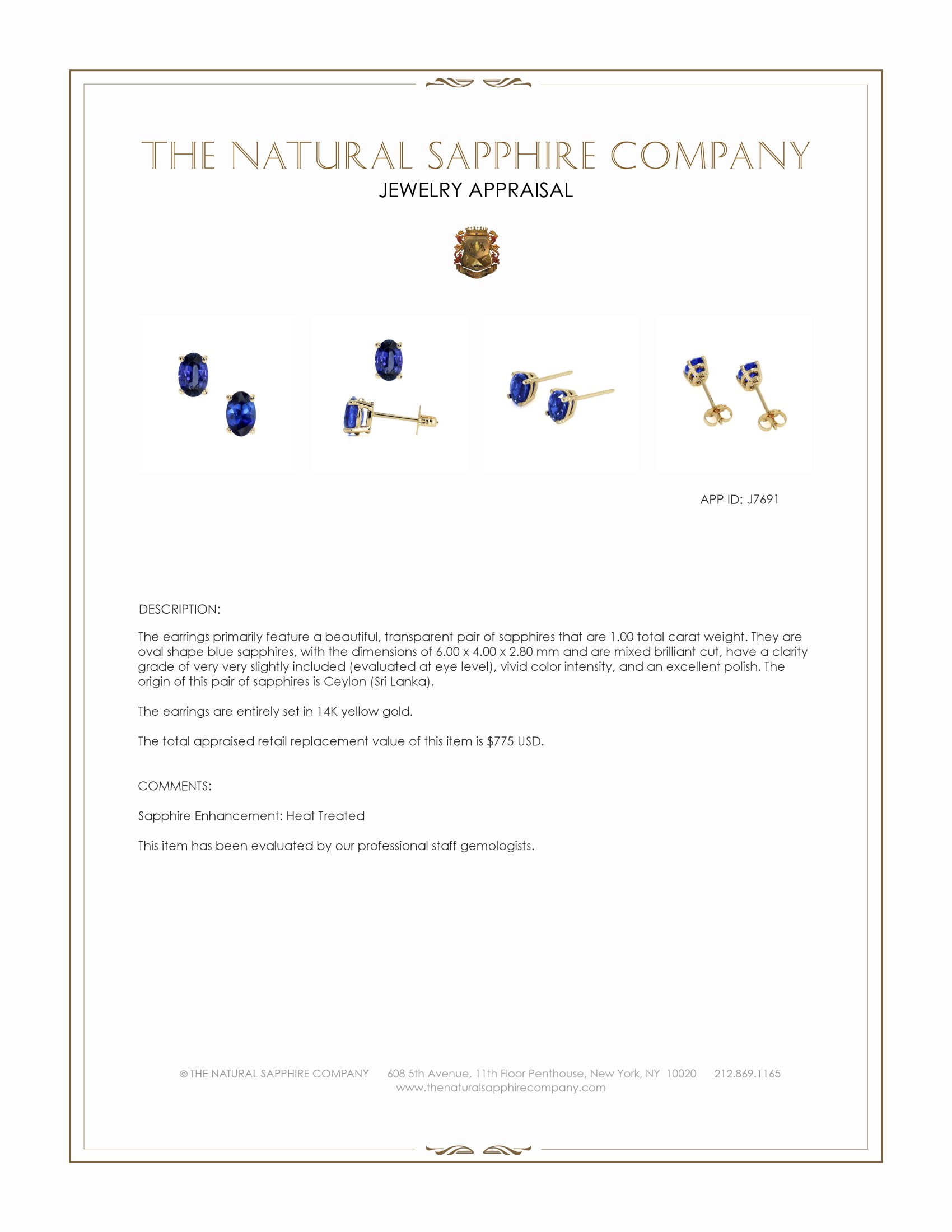 1.00 Ct.Tw. Blue Sapphire Studs Earrings, 14K Yellow Gold