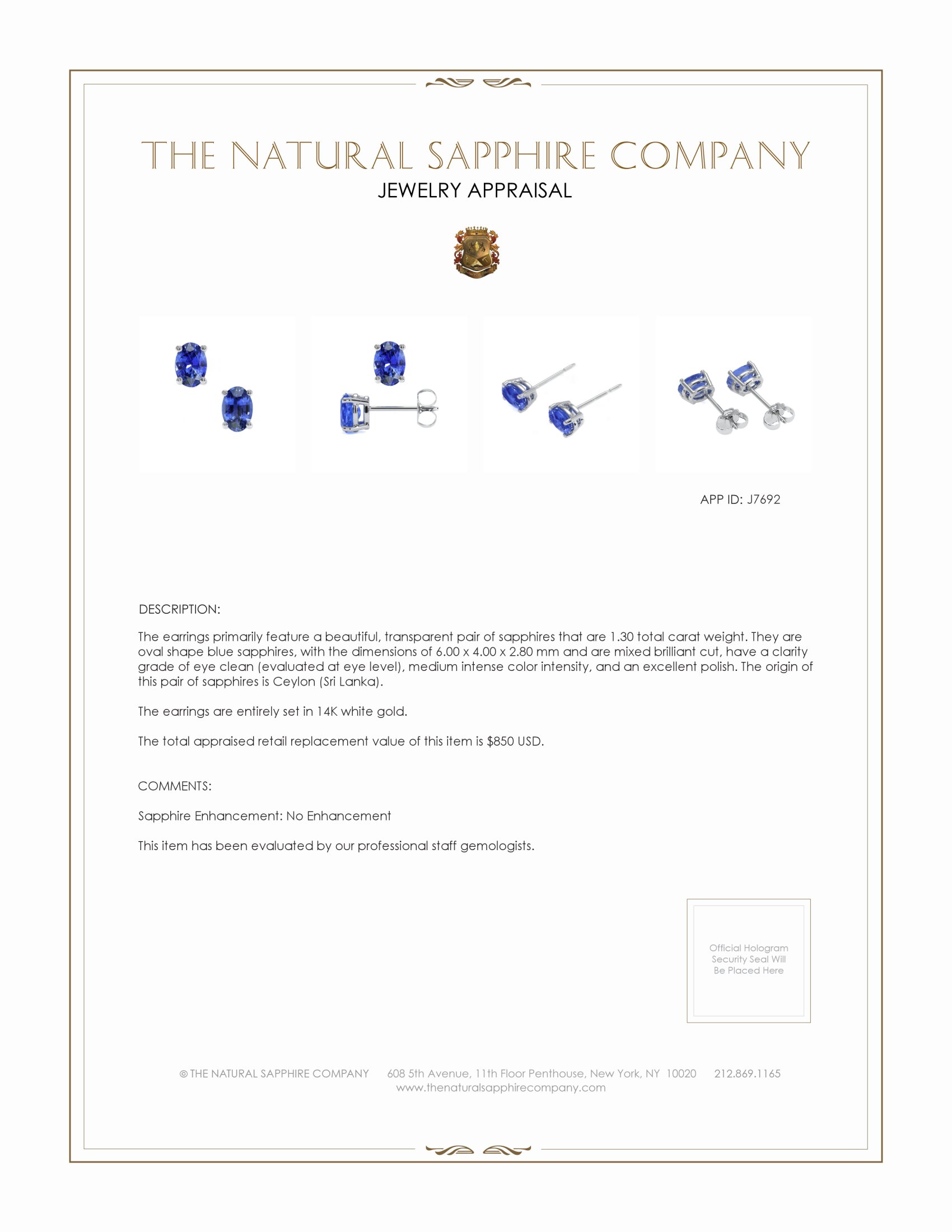 1.30 Ct.Tw. Blue Sapphire Studs Earrings, 14K White Gold