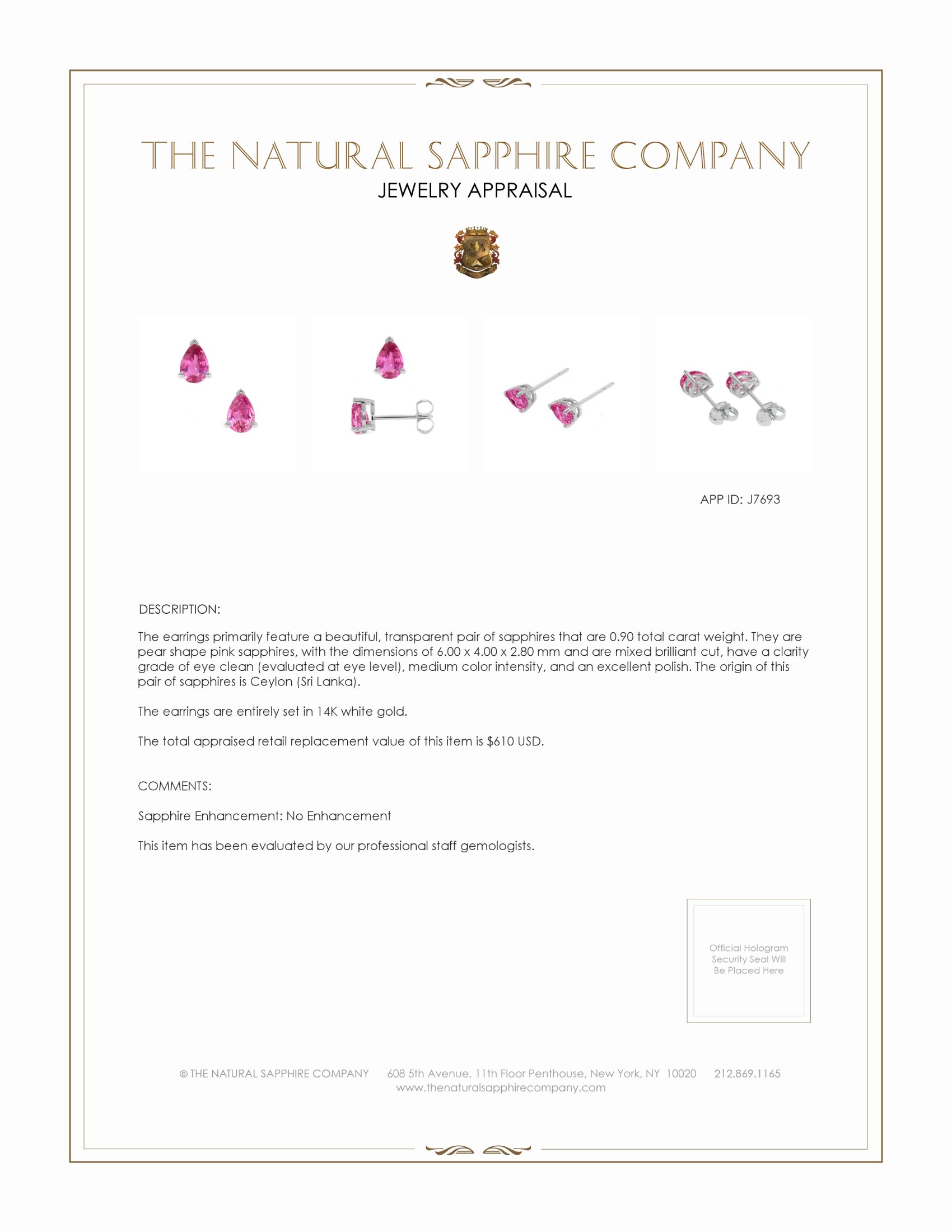 0.90 Ct.Tw. Pink Sapphire Studs Earrings, 14K White Gold