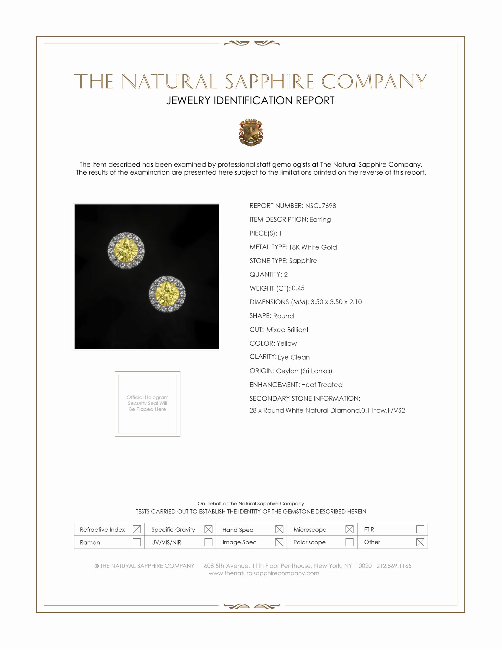 0.45 Ct.Tw. Yellow Sapphire and Natural Diamond Studs Earrings, 18K White Gold