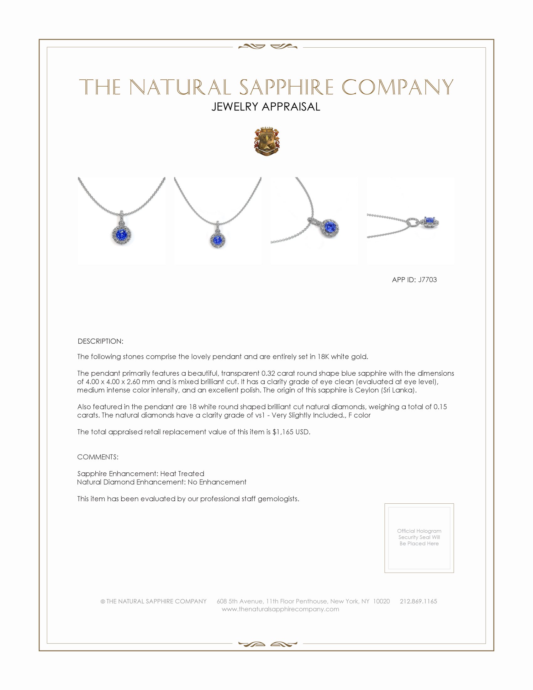 0.32 Ct. Blue Sapphire and Natural Diamond Pave Pendant, 18K White Gold