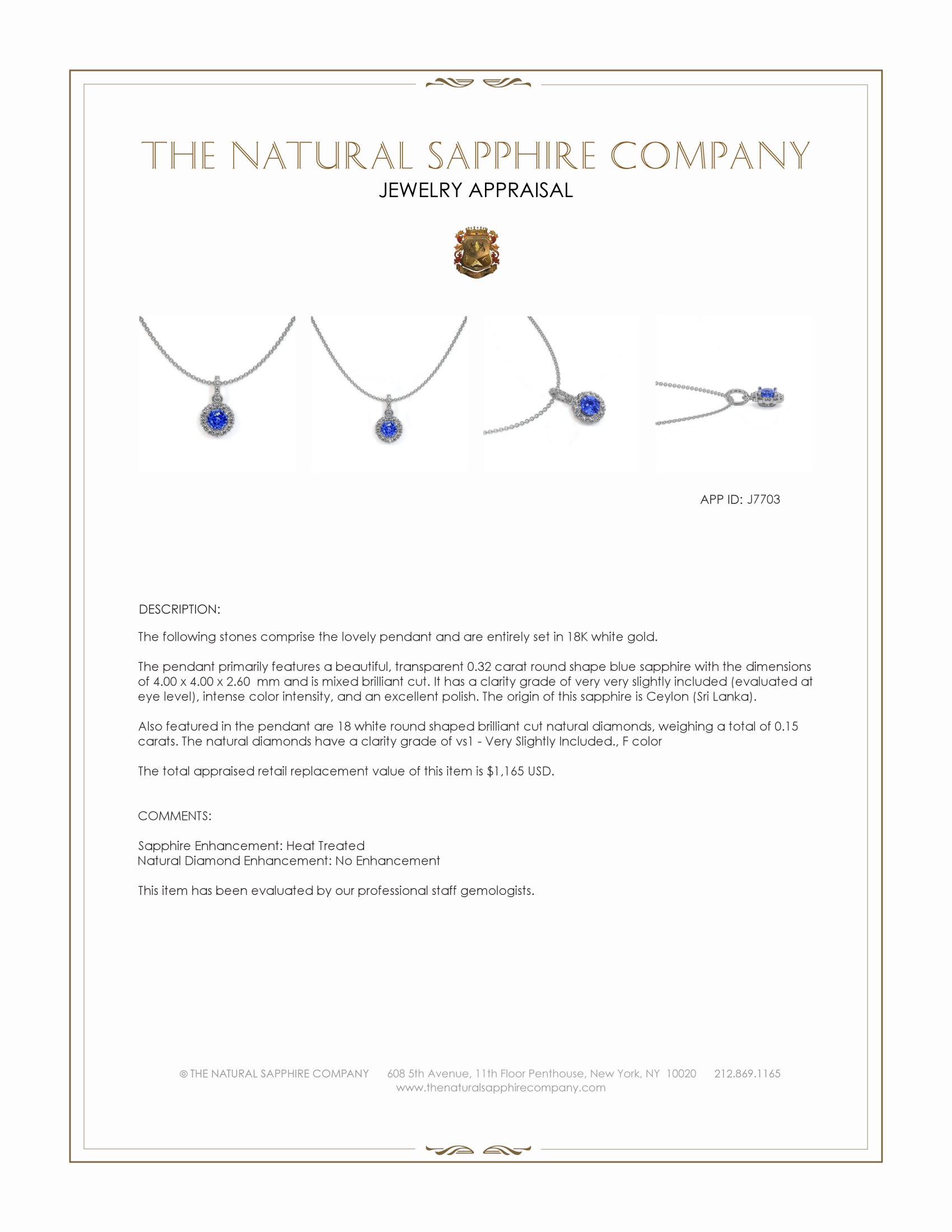 0.32 Ct. Blue Sapphire and Natural Diamond Pave Pendant, 18K White Gold