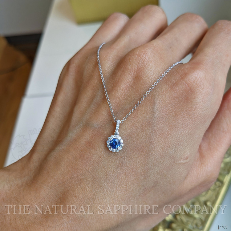 0.32 Ct. Blue Sapphire and Natural Diamond Pave Pendant, 18K White Gold