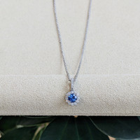 0.32 Ct. Blue Sapphire and Natural Diamond Pave Pendant, 18K White Gold Life Style