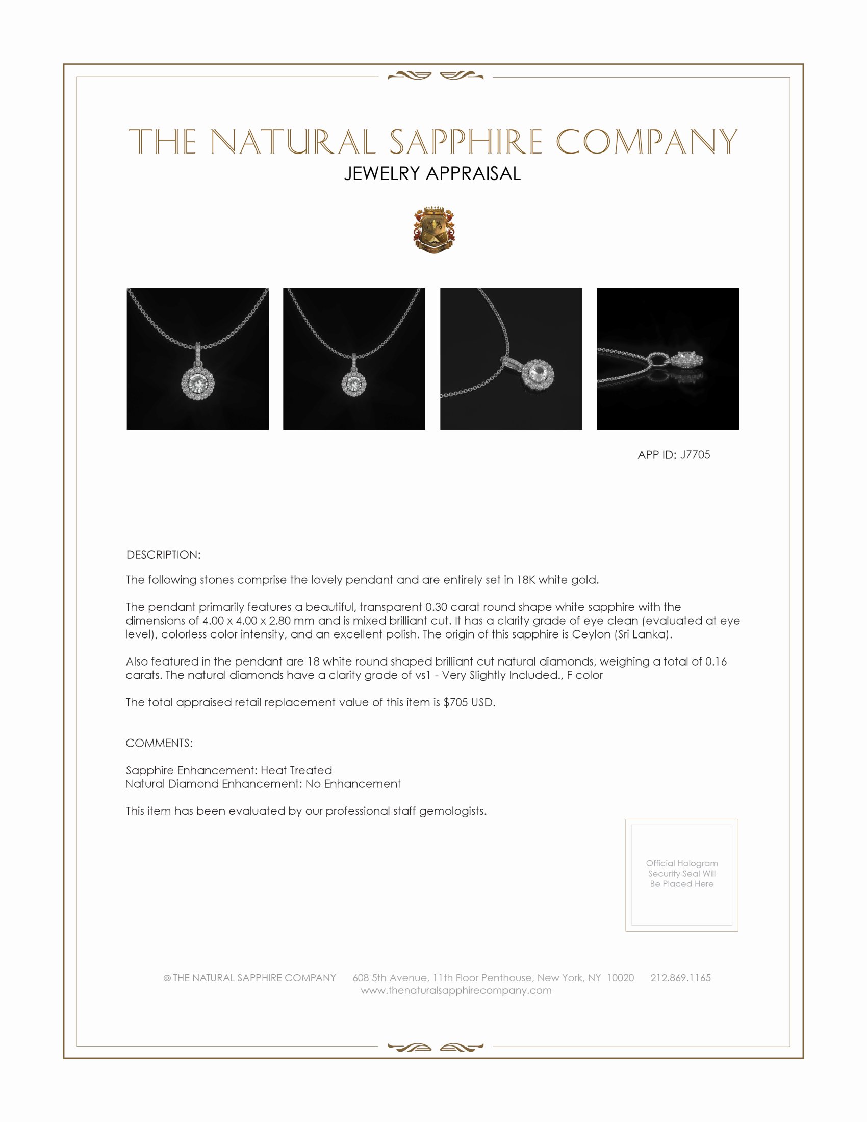 0.30 Ct. White Sapphire and Natural Diamond Pave Pendant, 18K White Gold