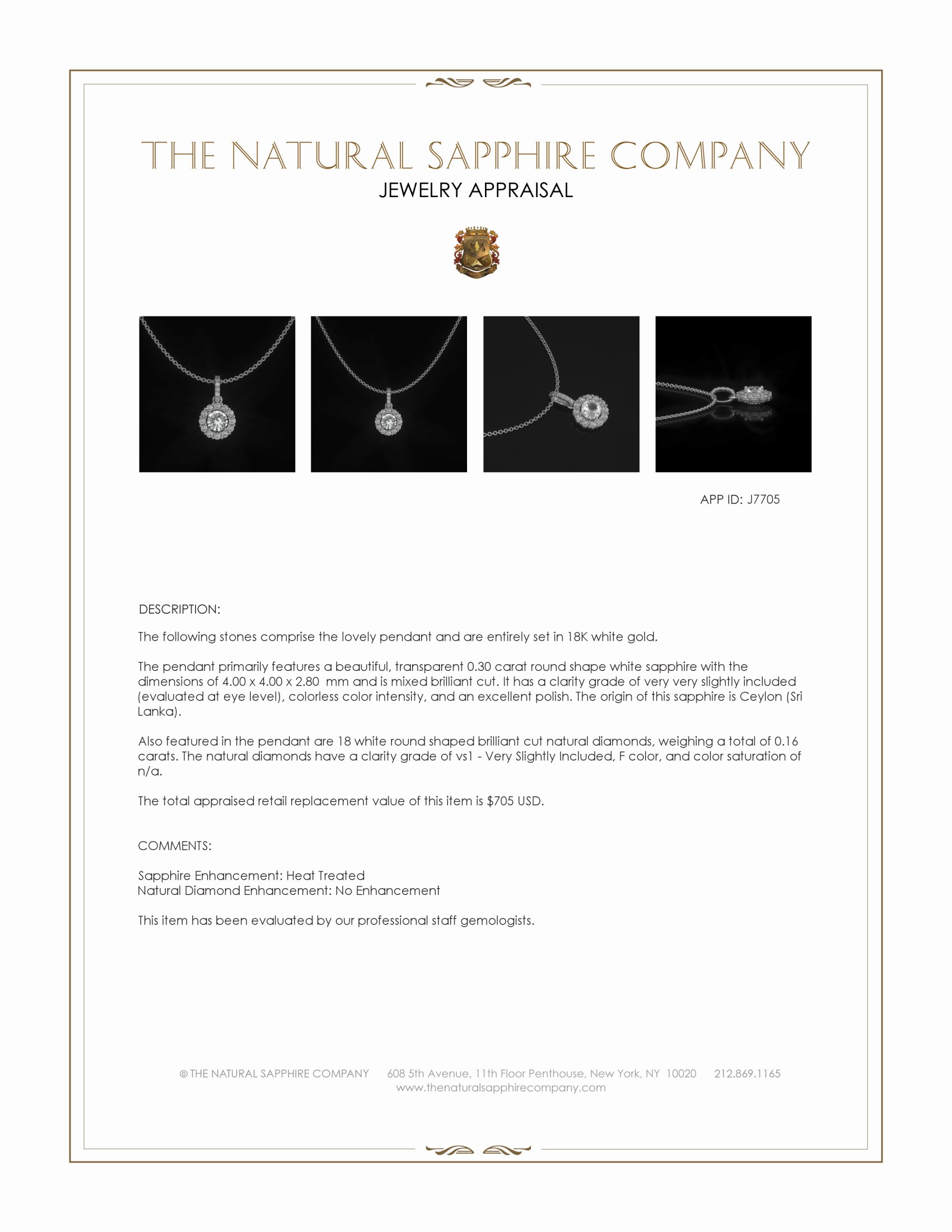 0.30 Ct. White Sapphire and Natural Diamond Pave Pendant, 18K White Gold