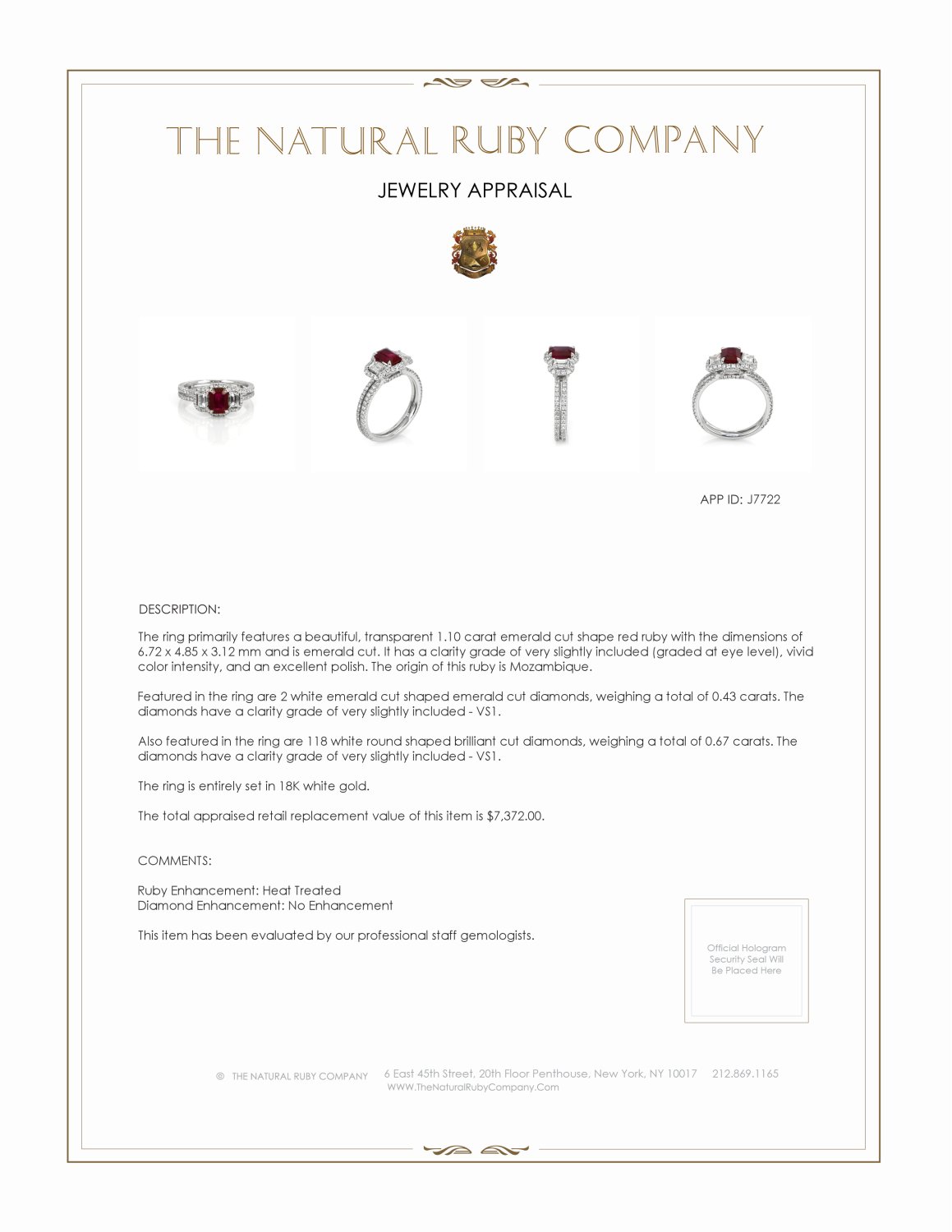 1.10 Ct. Ruby and Natural Diamond Three Stone Ring, 18K White Gold