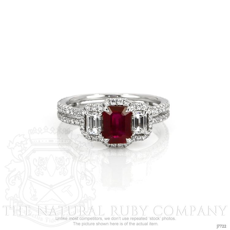 1.10 Ct. Ruby Natural Diamond Three Stone Ring, 18K White Gold
