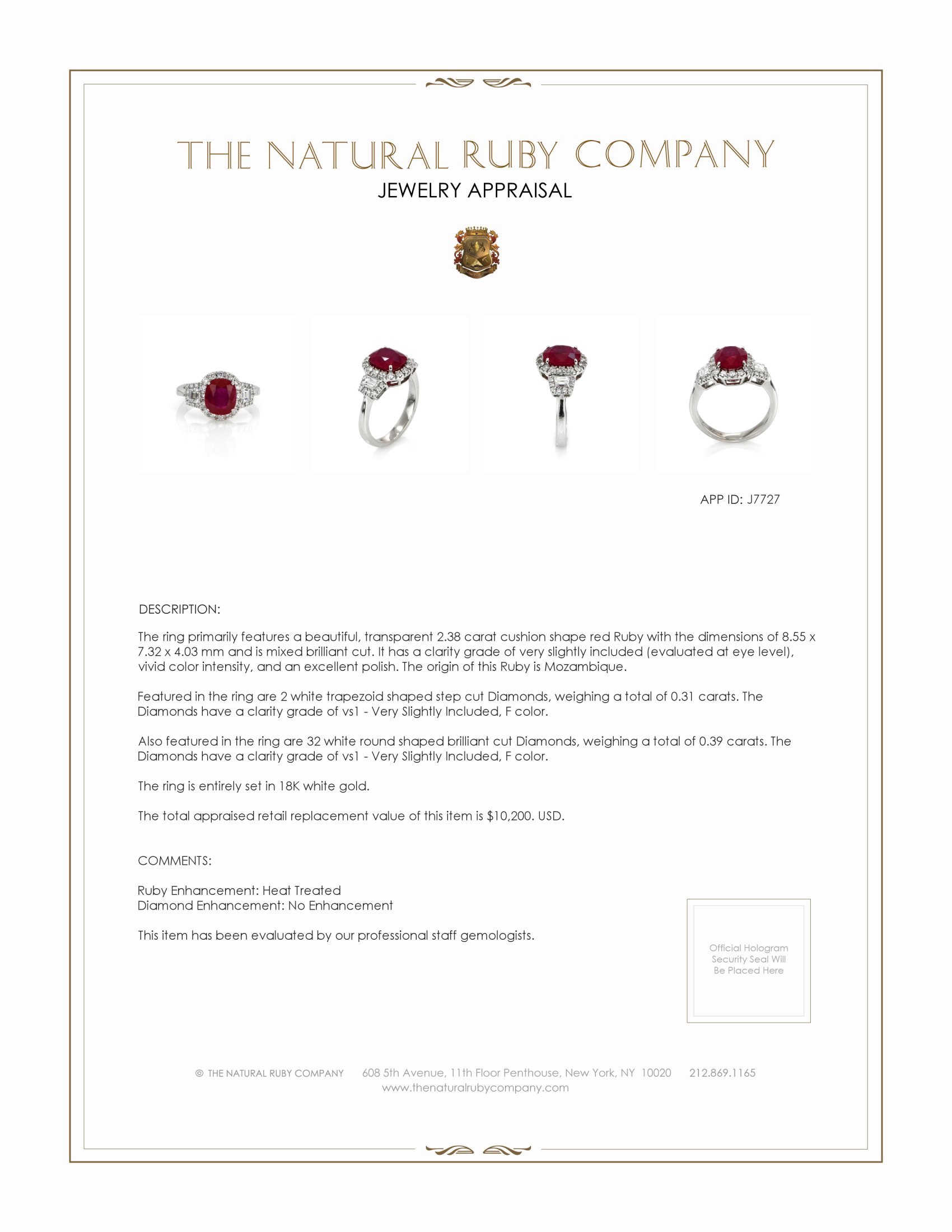 2.38 Ct. Ruby and Natural Diamond Three Stone Ring, 18K White Gold