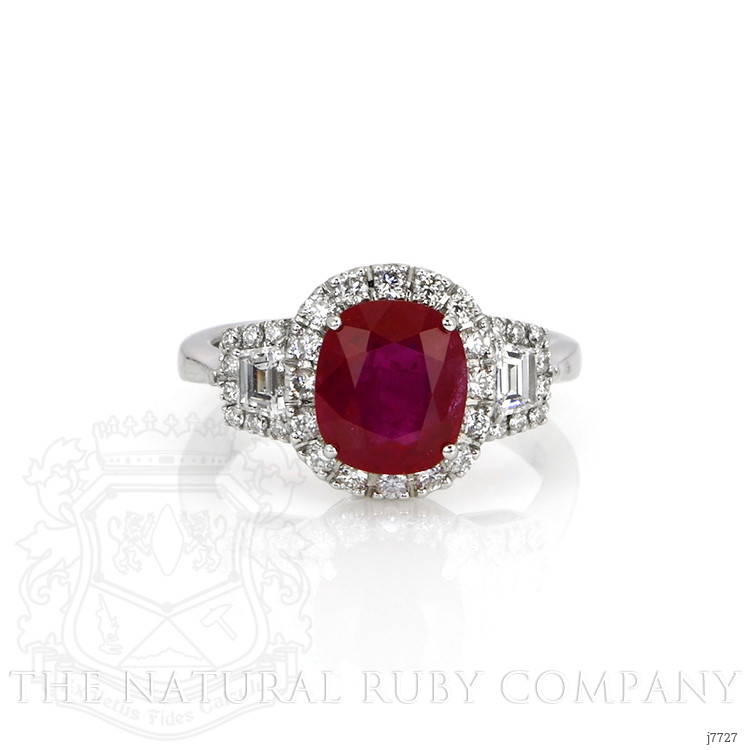 2.38 Ct. Ruby and Natural Diamond Three Stone Ring, 18K White Gold