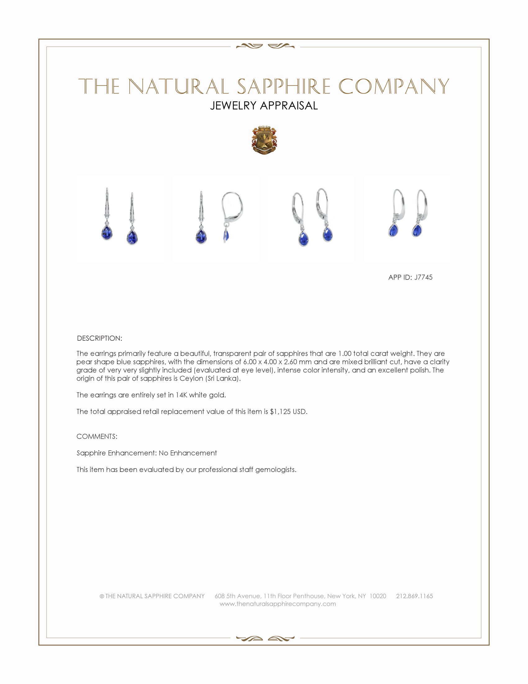 1.00 Ct.Tw. Blue Sapphire Bezel Earrings, 14K White Gold