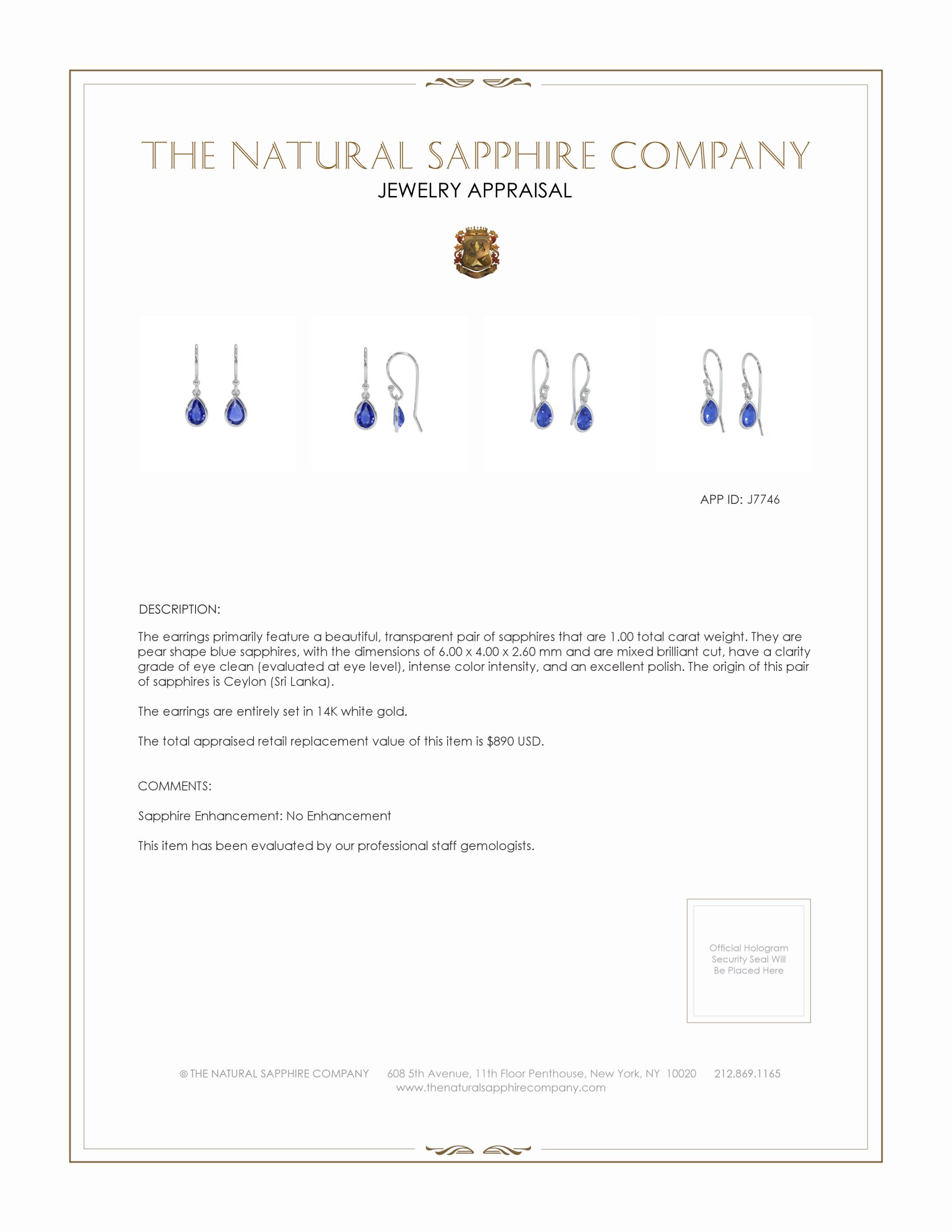 1.00 Ct.Tw. Blue Sapphire Bezel Earrings, 14K White Gold