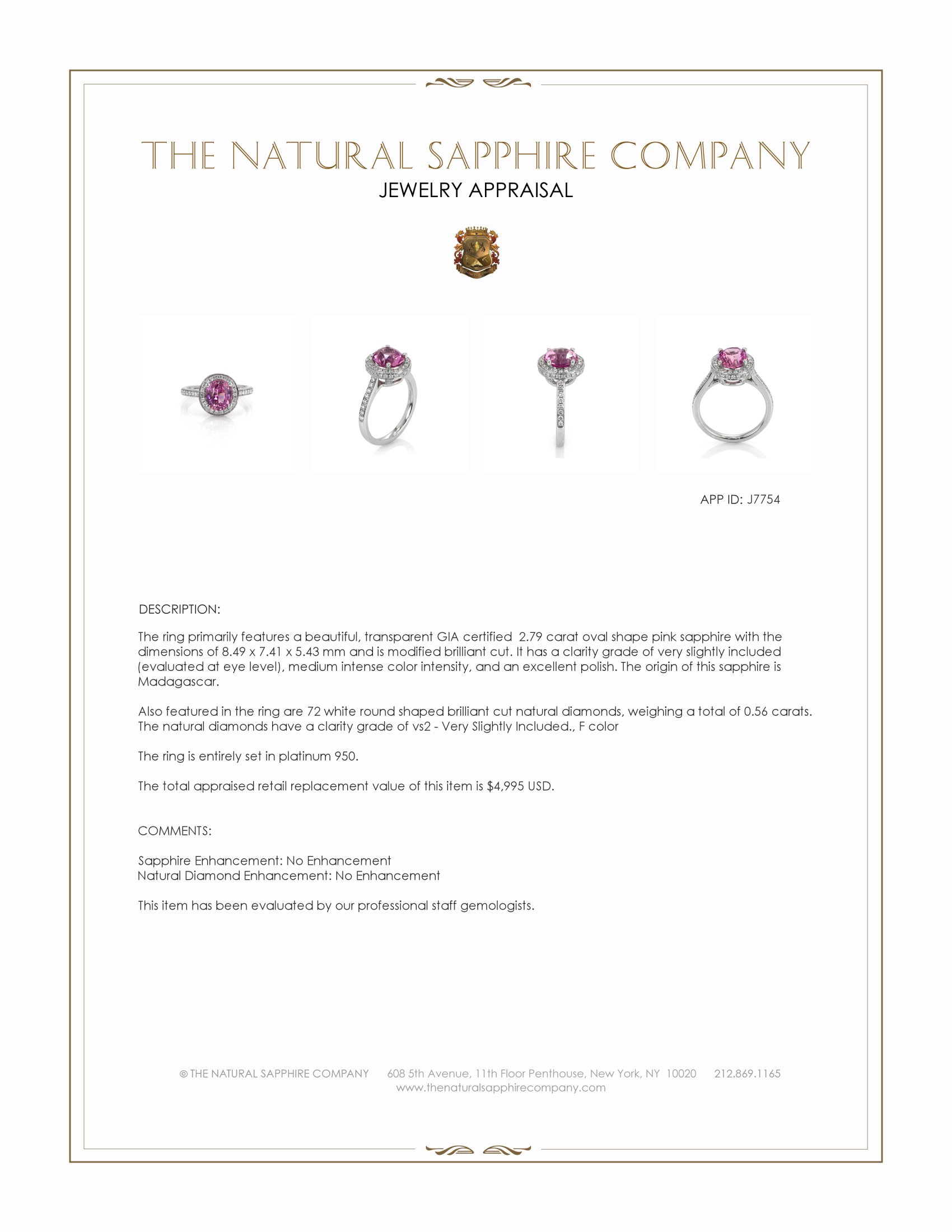 2.79 Ct. Pink Sapphire and Natural Diamond Pave Ring, Platinum 950