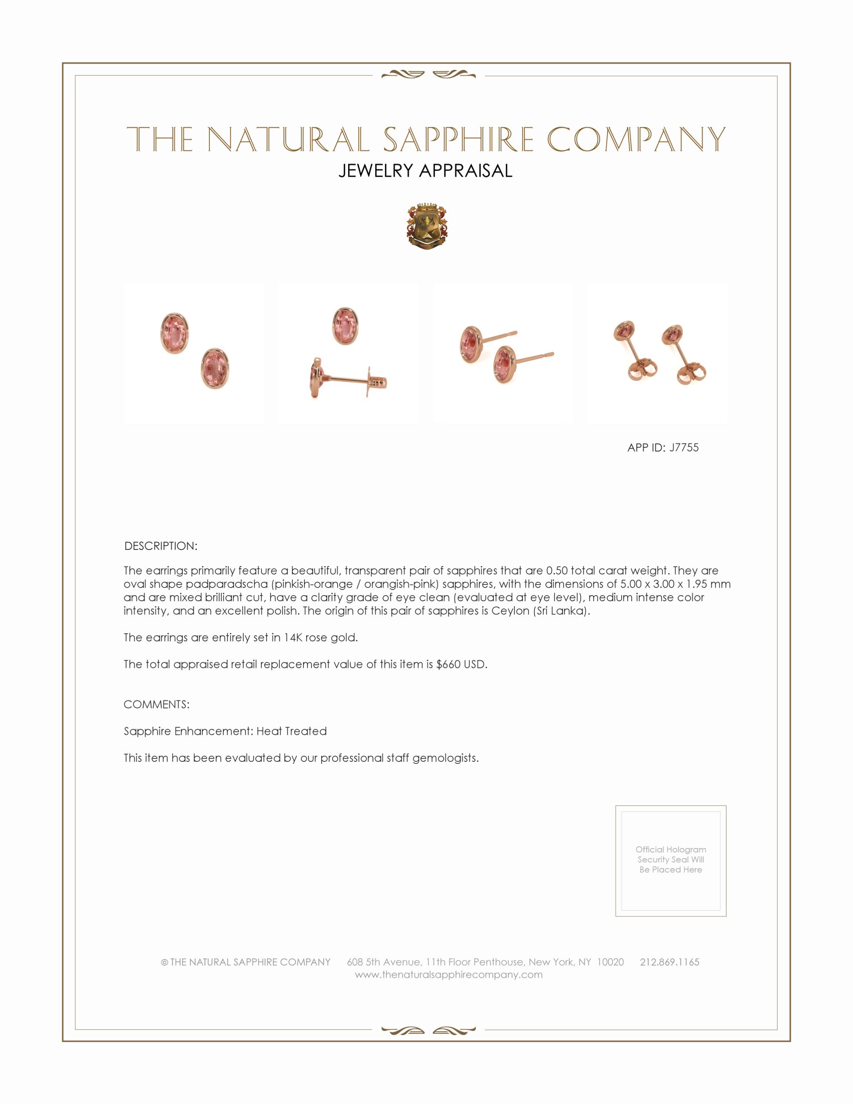 0.50 Ct.Tw. Padparadscha Sapphire Studs Earrings, 14K Rose Gold