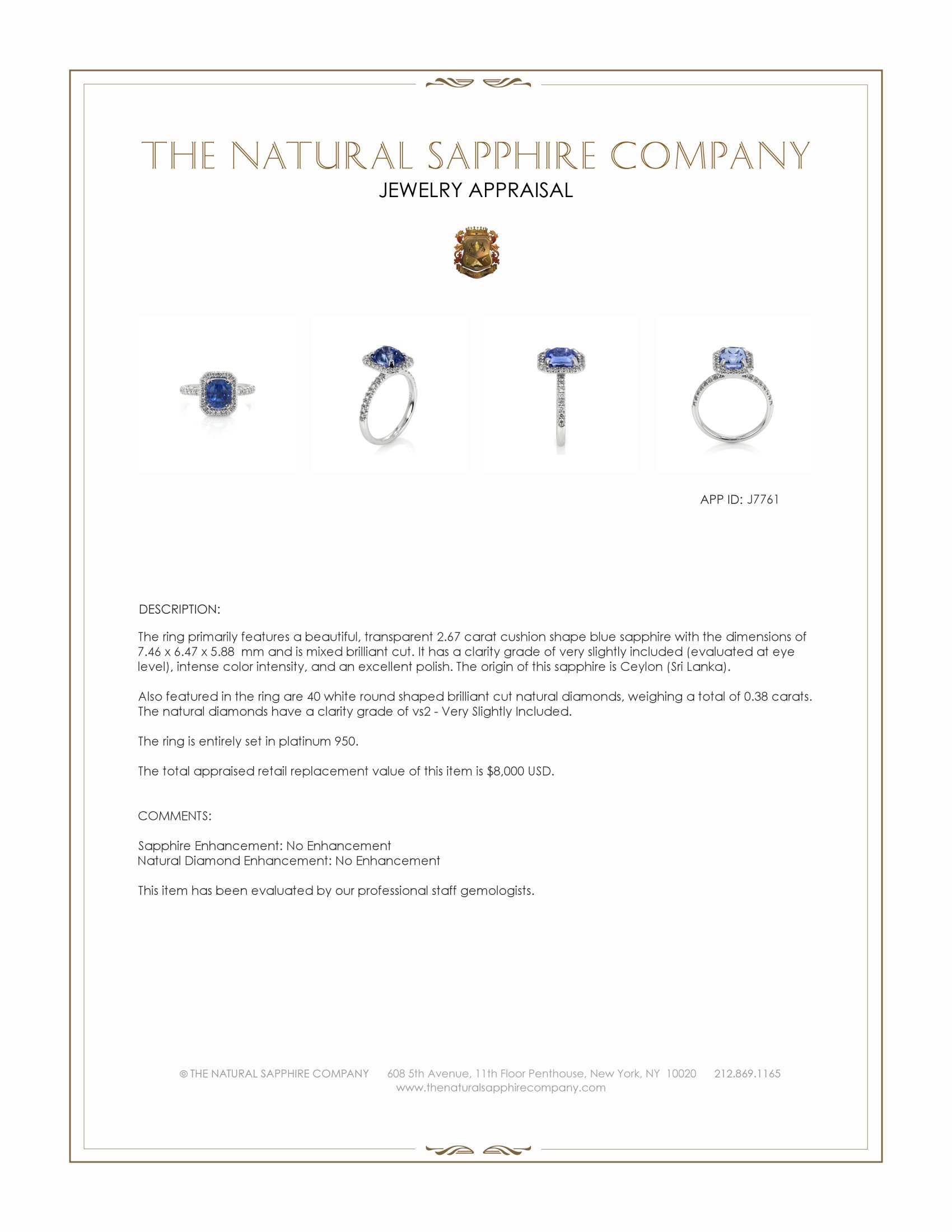 2.67 Ct. Blue Sapphire and Natural Diamond Pave Ring, Platinum 950