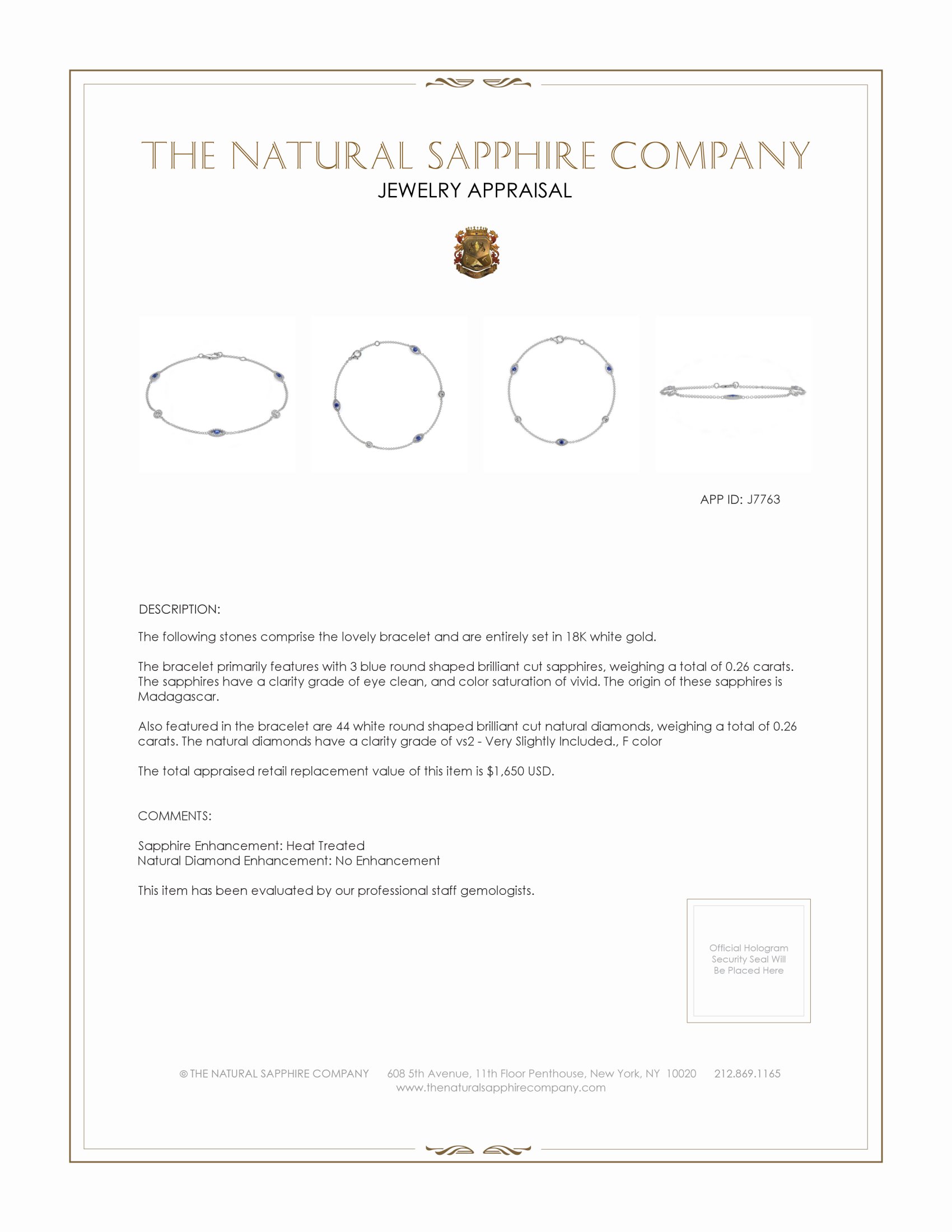 0.26 Ct.Tw. Blue Sapphire and Natural Diamond Pave Bracelet, 18K White Gold