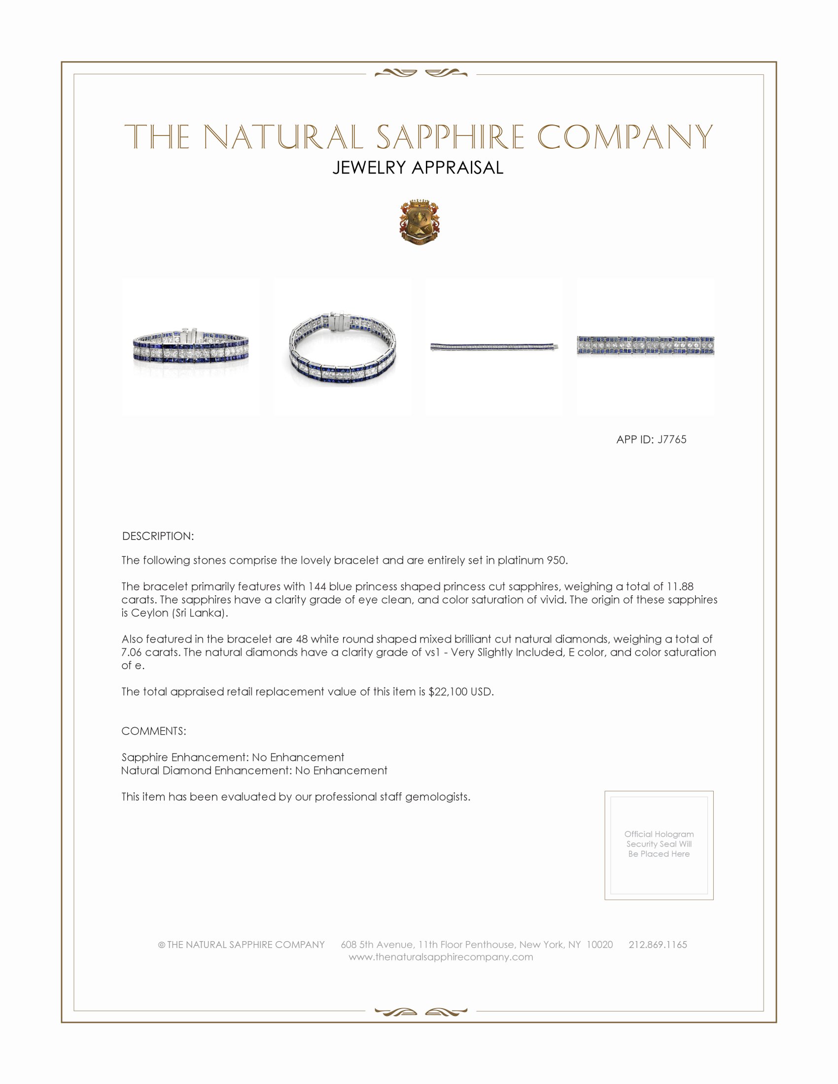 11.88 Ct.Tw. Blue Sapphire and Natural Diamond Tennis/Line Bracelet, Platinum 950