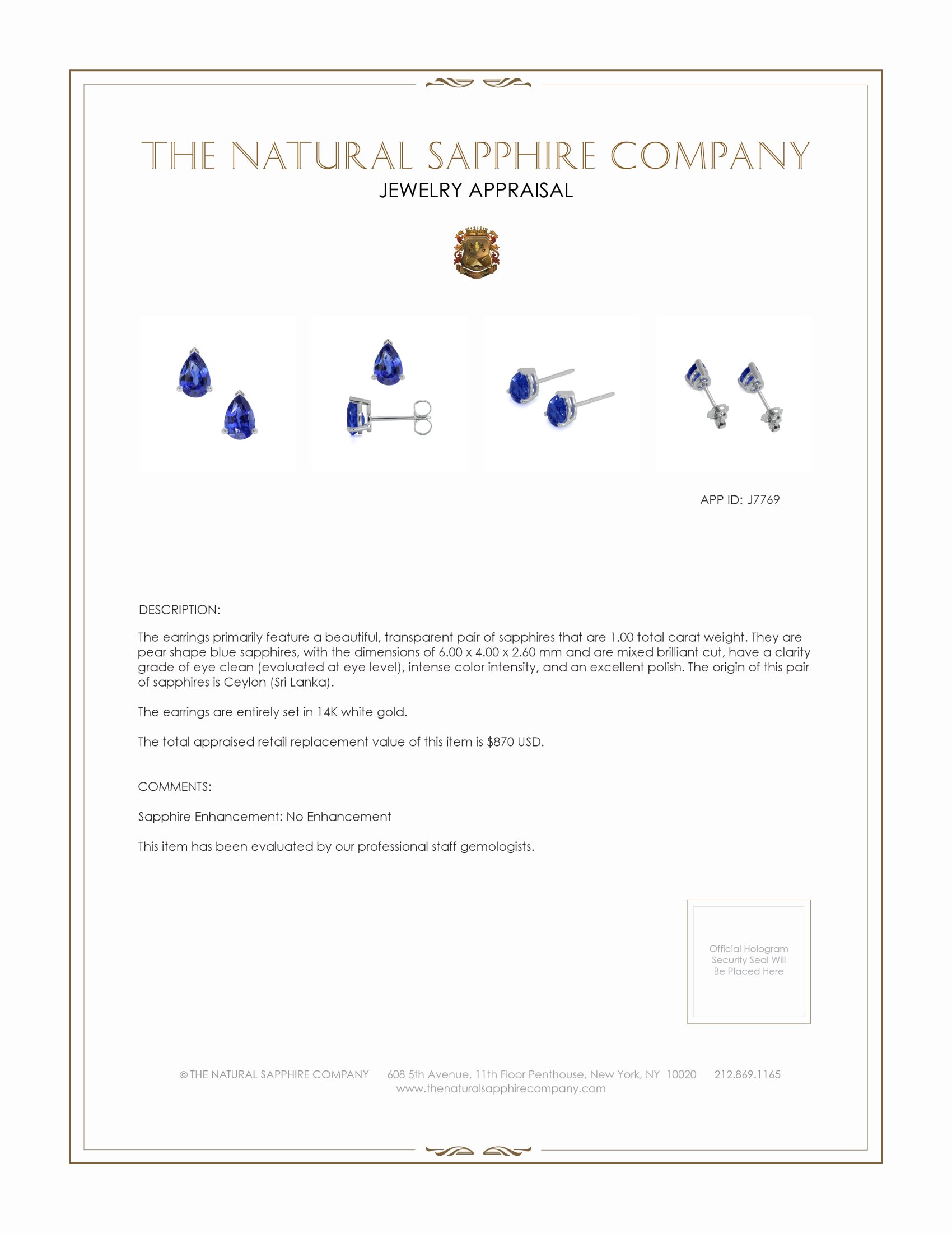 1.00 Ct.Tw. Blue Sapphire Studs Earrings, 14K White Gold