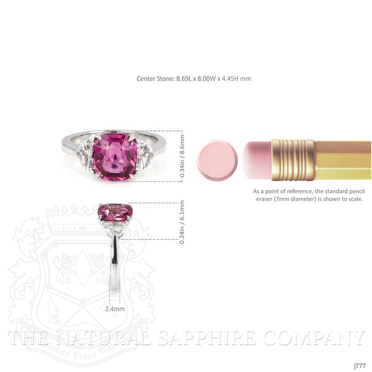 2.93 Ct. Pink Sapphire and Natural Diamond Three Stone Ring, Platinum 950