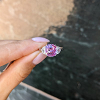 2.93 Ct. Pink Sapphire and Natural Diamond Three Stone Ring, Platinum 950 Life Style