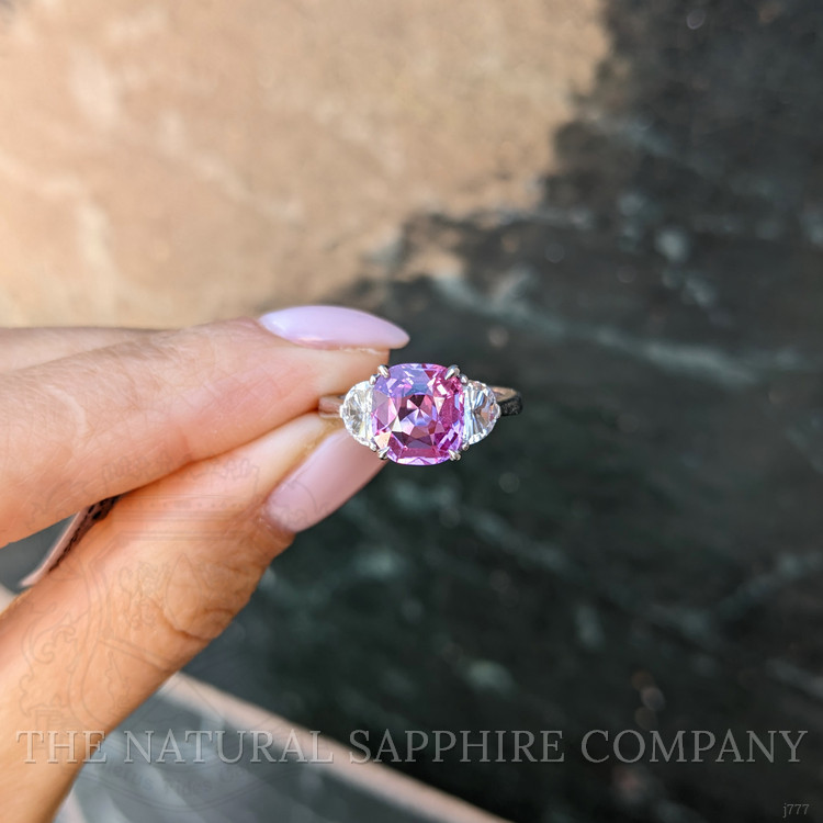 2.93 Ct. Pink Sapphire and Natural Diamond Three Stone Ring, Platinum 950