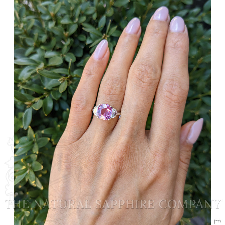 2.93 Ct. Pink Sapphire and Natural Diamond Three Stone Ring, Platinum 950