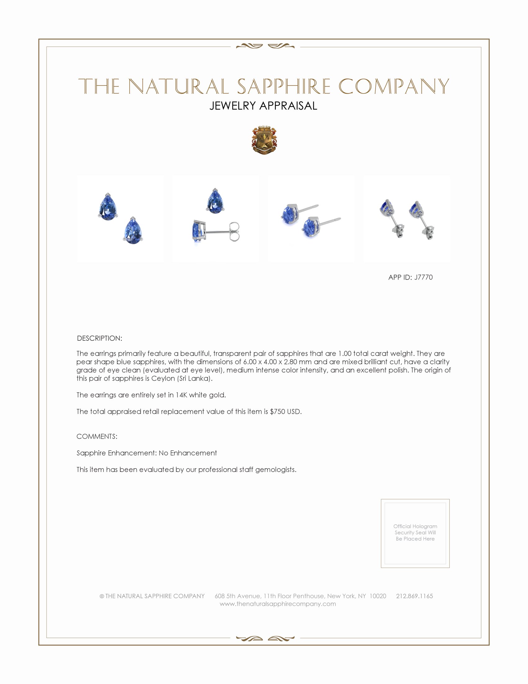 1.00 Ct.Tw. Blue Sapphire Studs Earrings, 14K White Gold