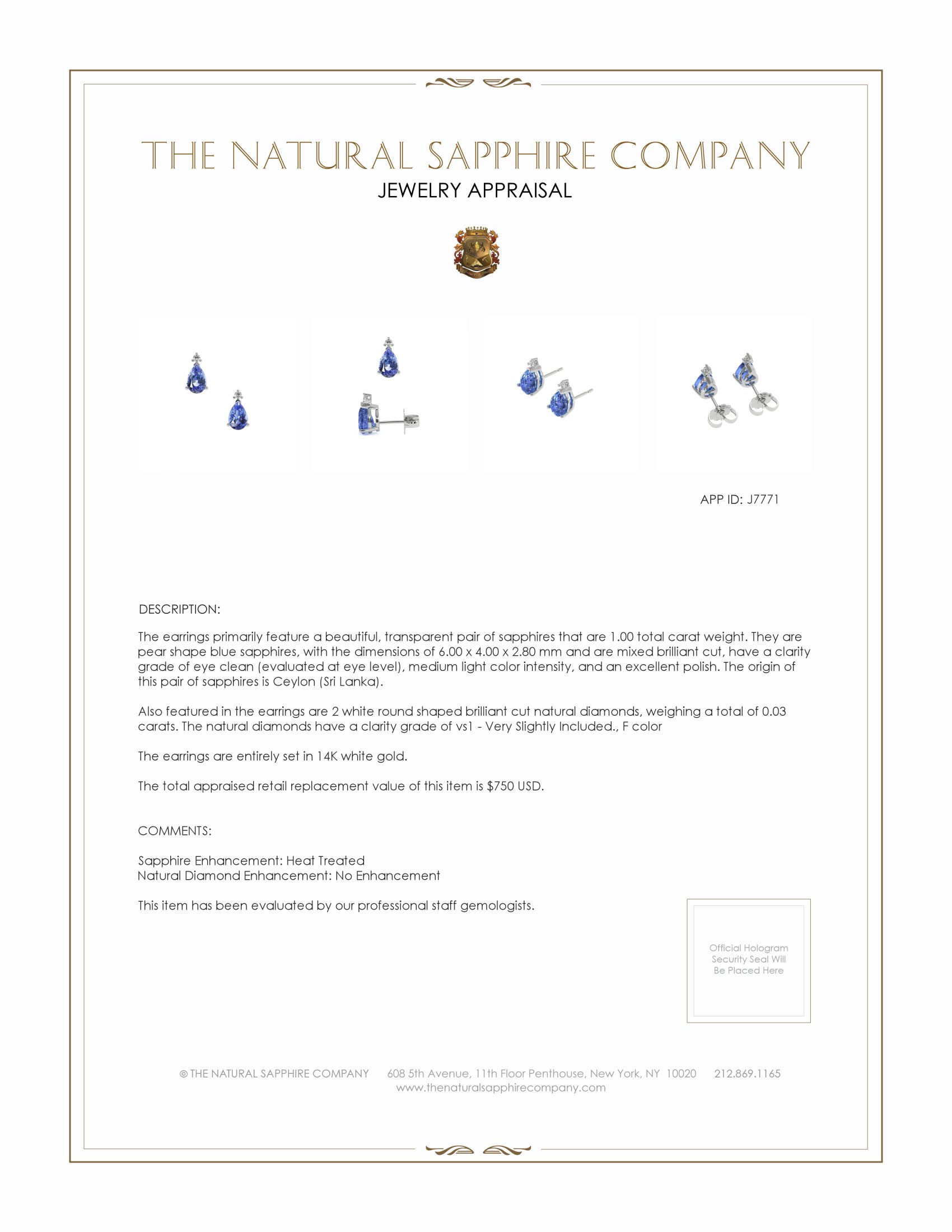 1.00 Ct.Tw. Blue Sapphire and Natural Diamond Studs Earrings, 14K White Gold