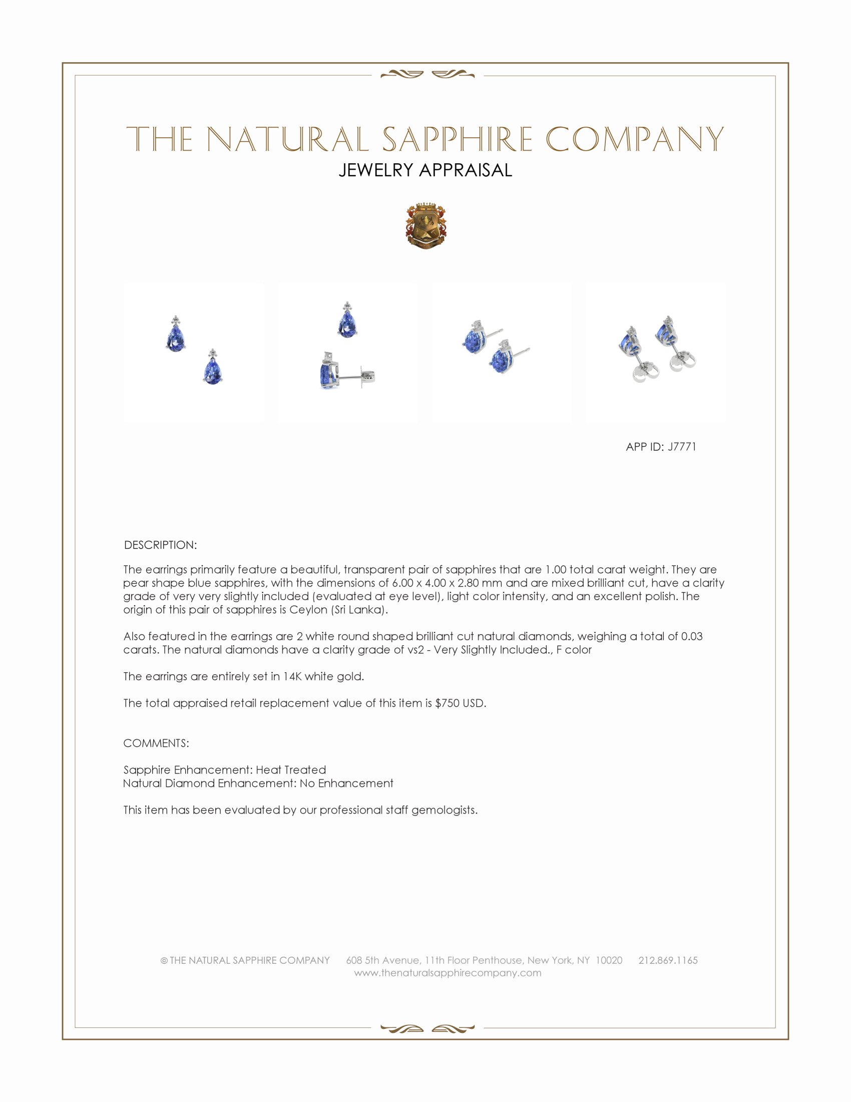 1.00 Ct.Tw. Blue Sapphire and Natural Diamond Studs Earrings, 14K White Gold