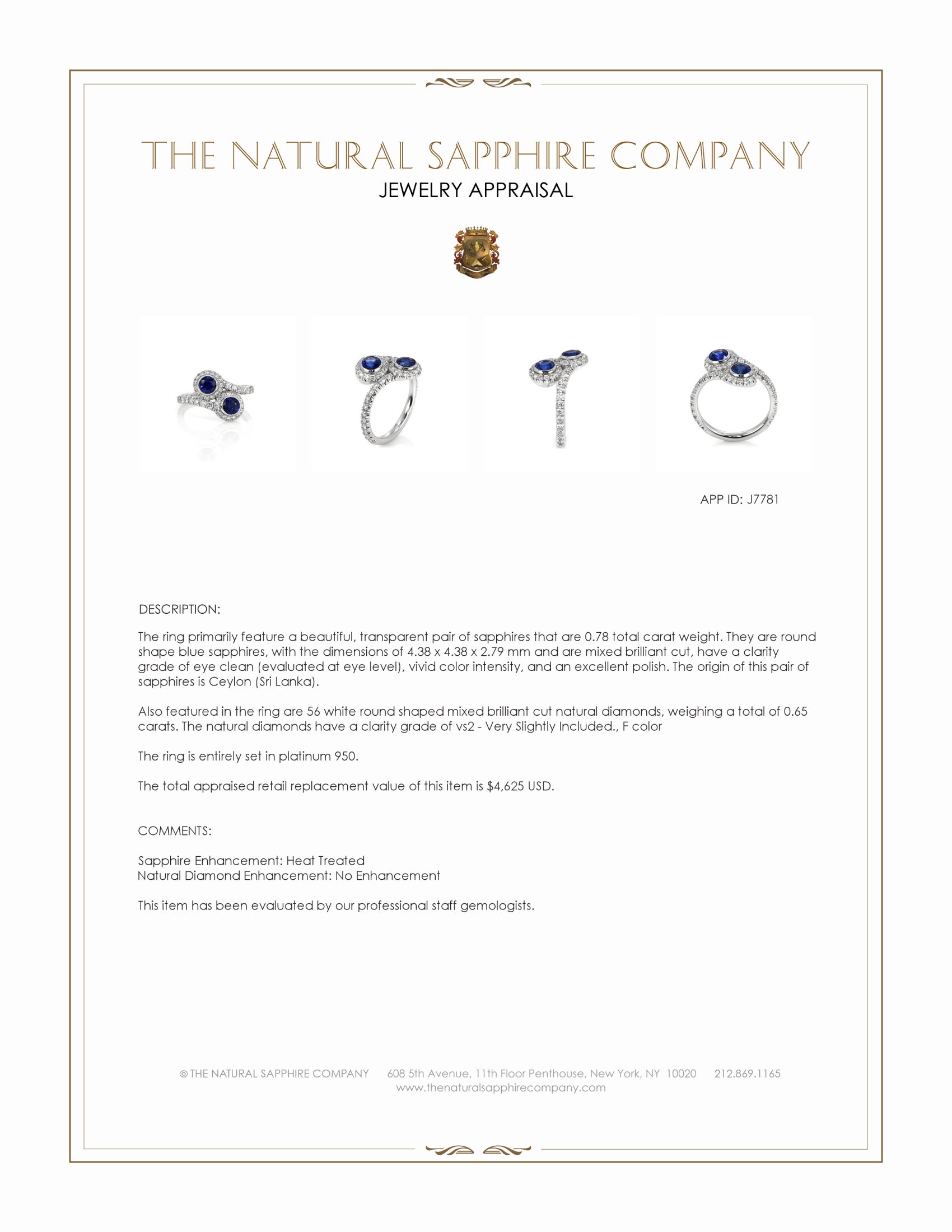 0.78 Ct. Blue Sapphire and Natural Diamond Pave Ring, Platinum 950