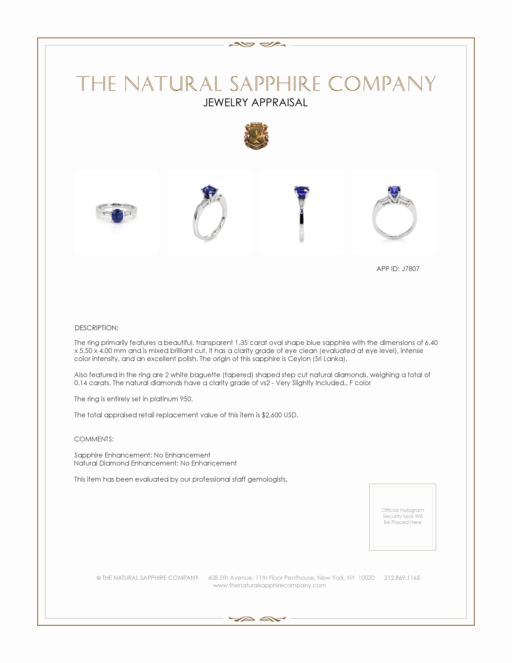 1.35 Ct. Blue Sapphire and Natural Diamond Three Stone Ring, Platinum 950